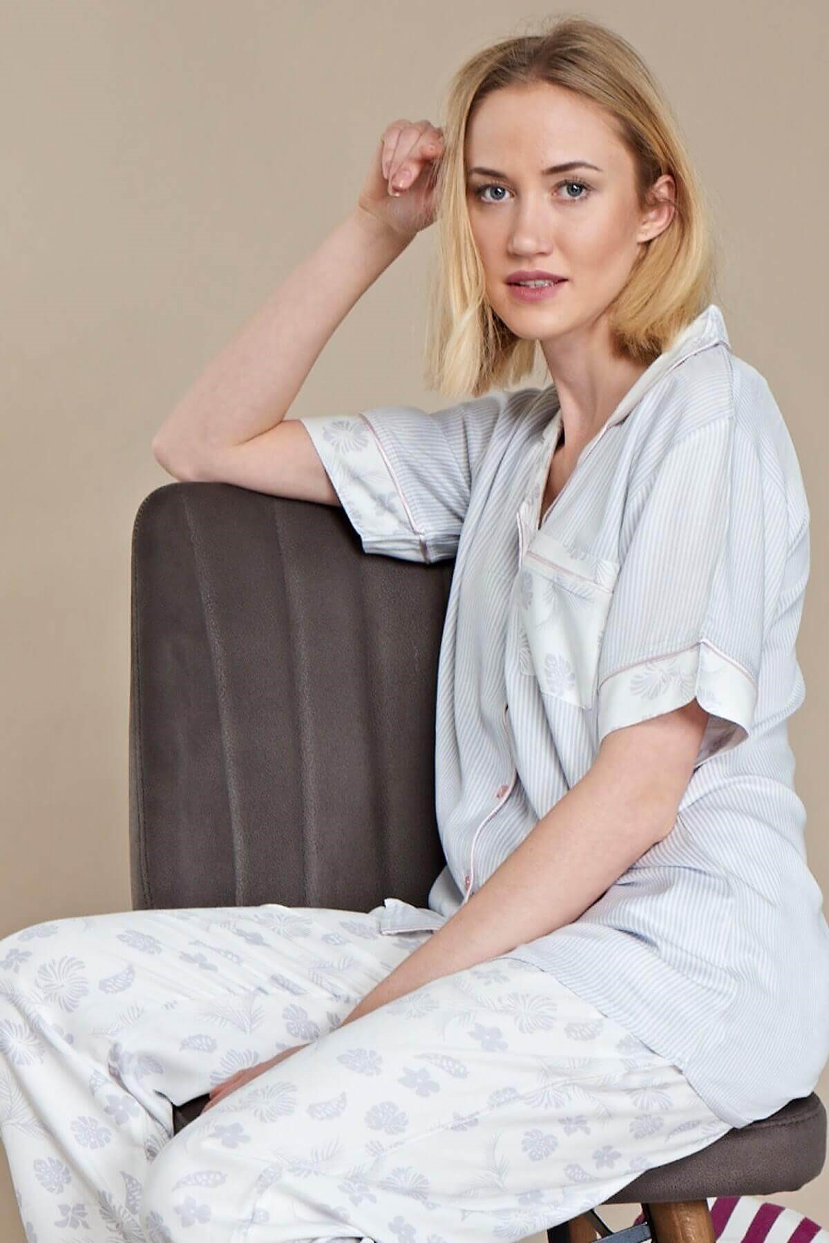 Olivera Kadın %95 Pamuk Önden Düğmeli Kısa Kollu Pijama Takımı Gri