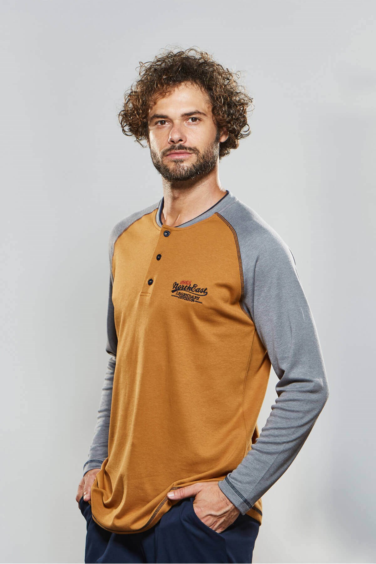 PJS Erkek Kışlık %100 Pamuk Uzun Kol Hardal Pijama Takımı