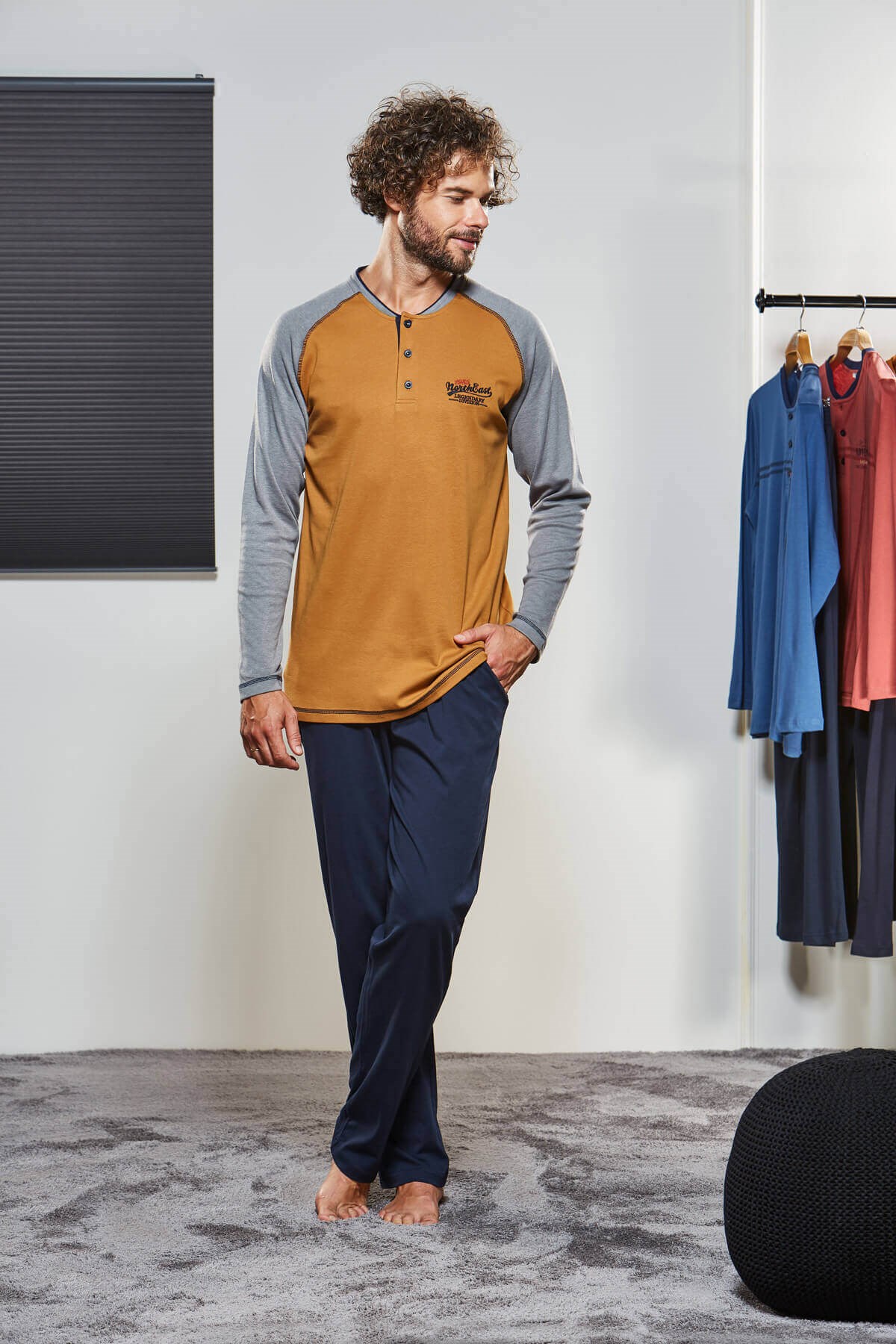 PJS Erkek Kışlık %100 Pamuk Uzun Kol Hardal Pijama Takımı