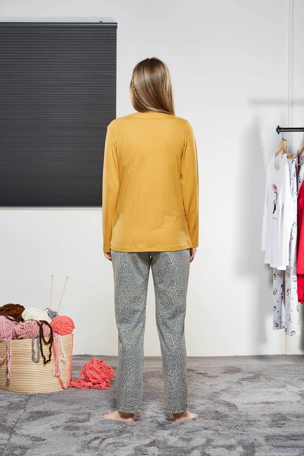PJS Kadın Hardal %95 Pamuk Uzun Kol Pijama Takımı