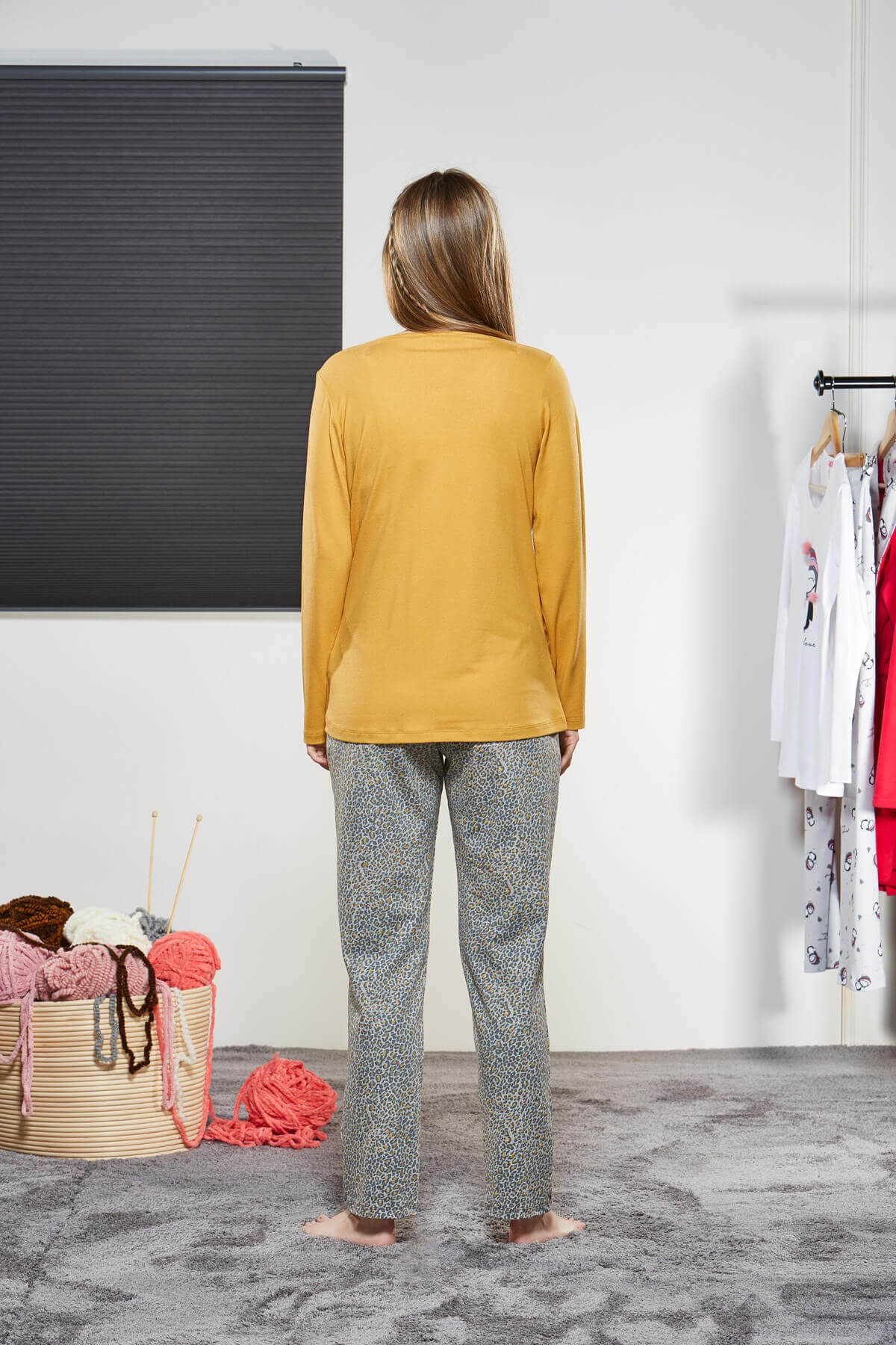 PJS Kadın Hardal %95 Pamuk Uzun Kol Pijama Takımı