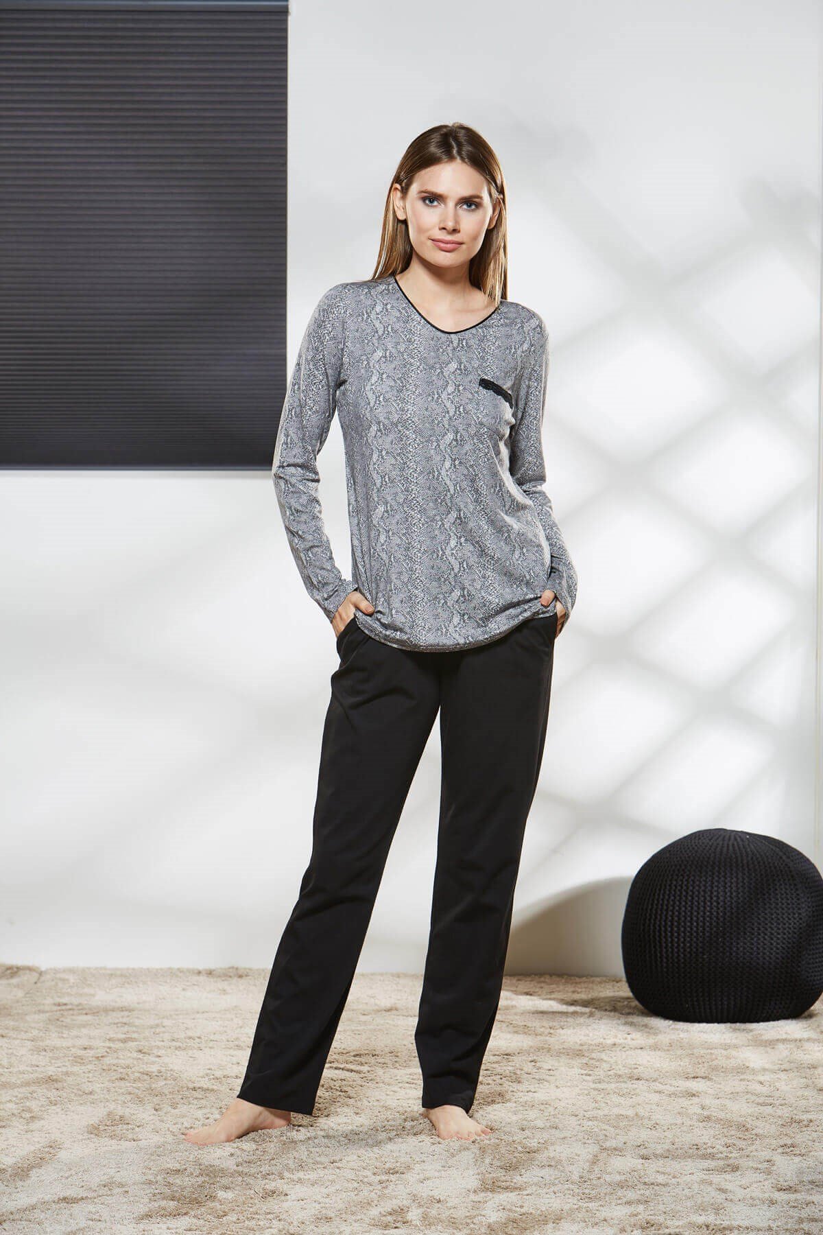 PJS Kadın Uzun Kol Gri Pijama Takımı