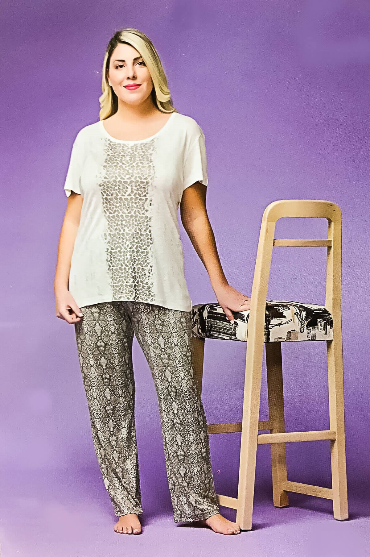 PJS Kadın Yazlık Büyük Beden Pijama Takımı Ekru