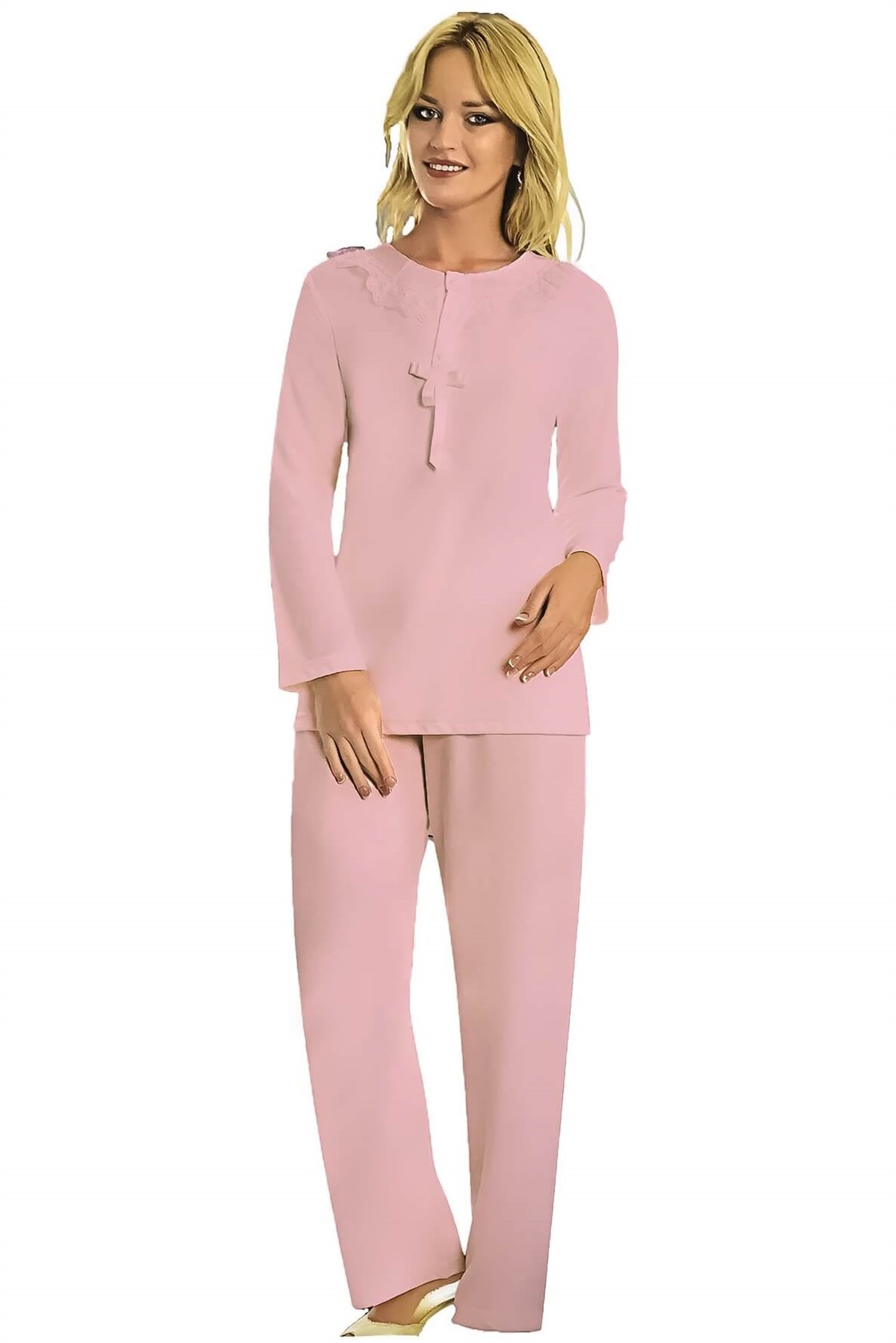 Şahnur Kadın %100 Pamuk Kışlık Güpür Detaylı Pijama Takımı Pembe