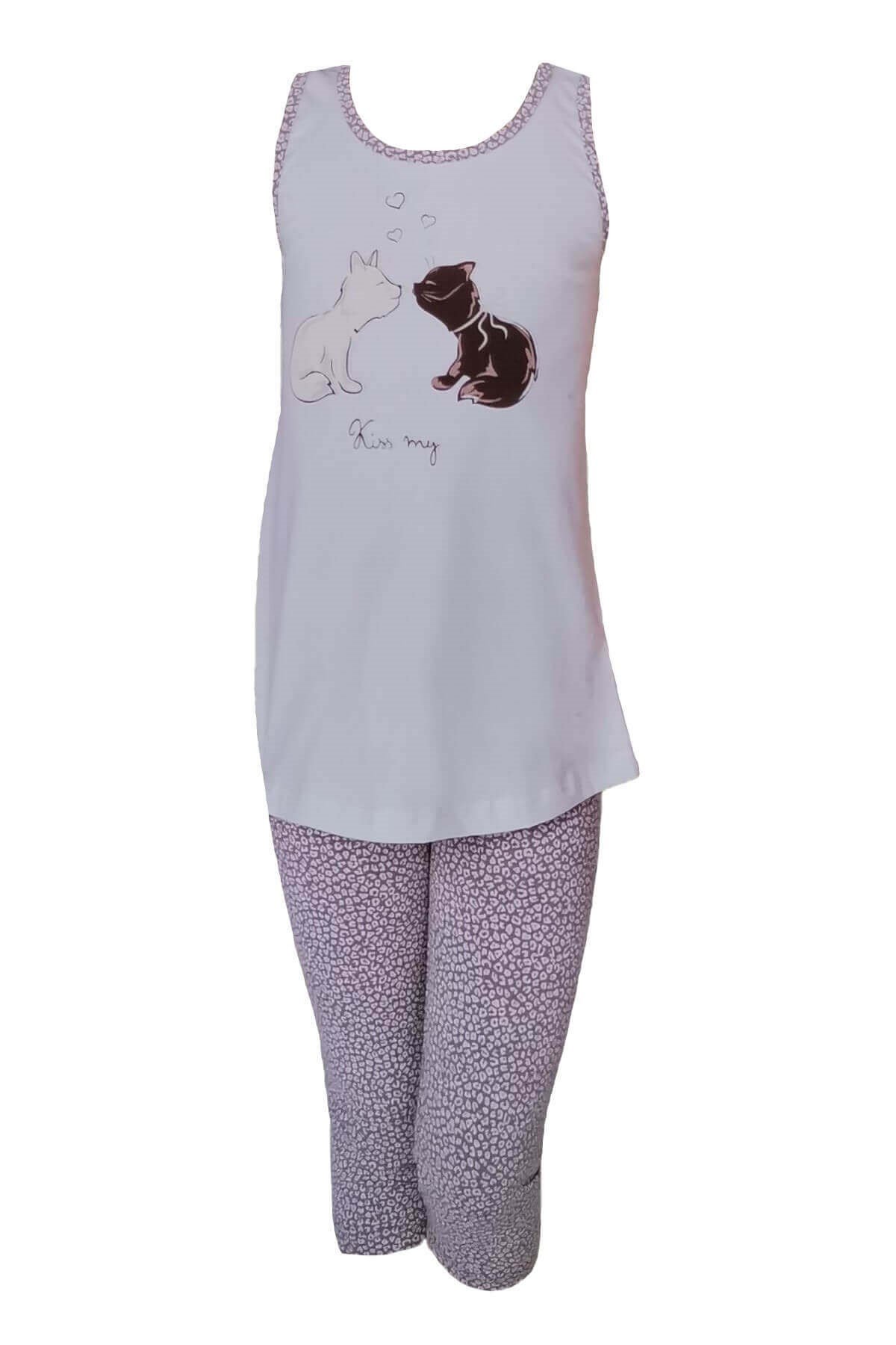 Sevim Kız Çocuk %100 Pamuklu Atlet Tayt Yazlık Takım - Kedi Desenli