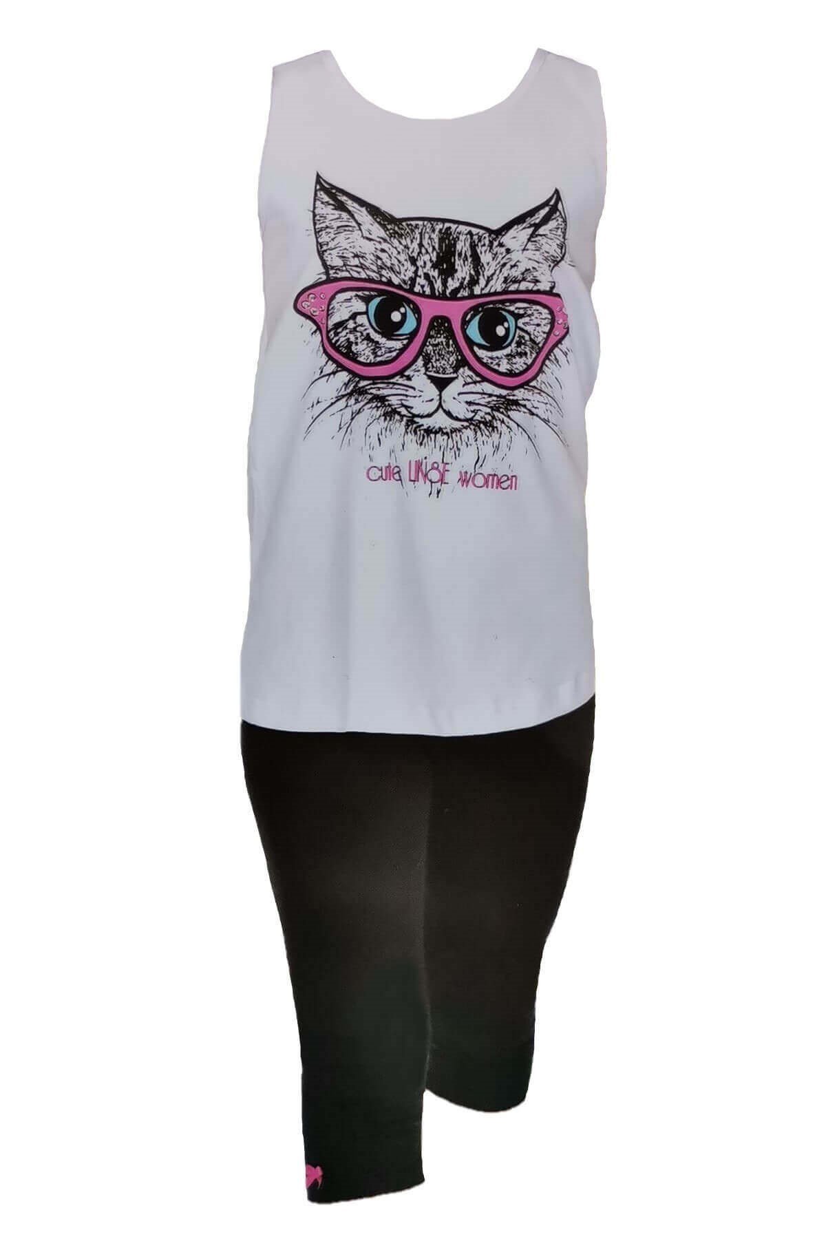 Sevim Kız Çocuk %100 Pamuklu Atlet Tayt Yazlık Takım - Kedi Desenli