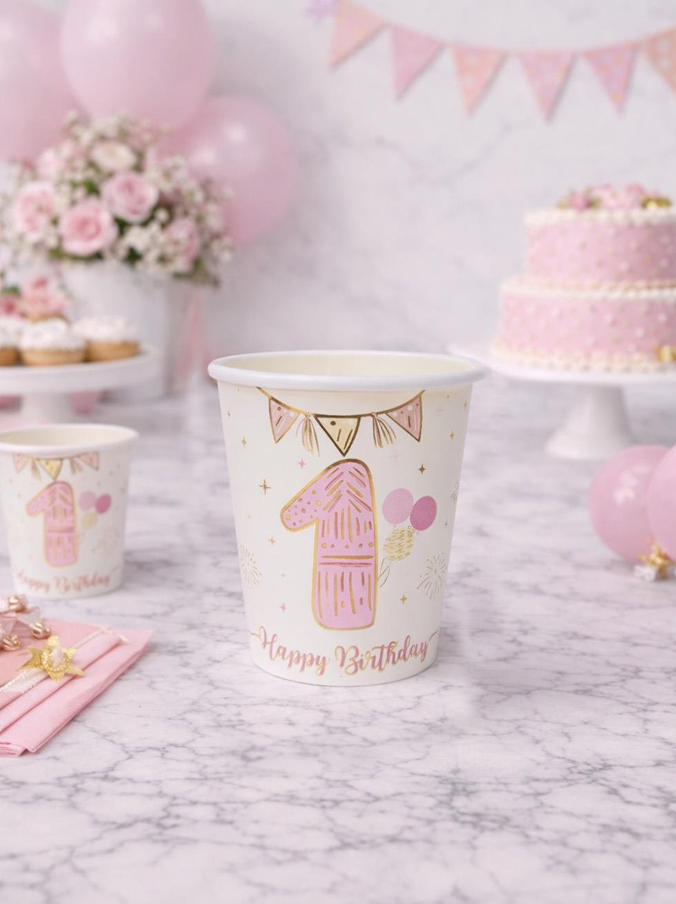 1 Yaş Bardak Pembe-Gold 6'Lı - Karton Bardaklar | Parti Adresi