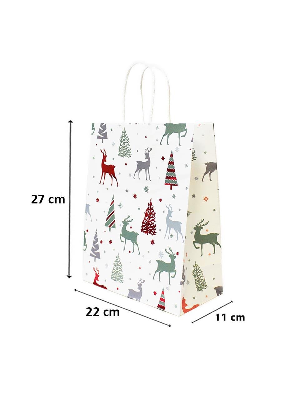 Yılbaşı Temalı Desenli Karton Çanta Hediye Çanta Seti Beyaz – 12 Parça 22x27x11 cm