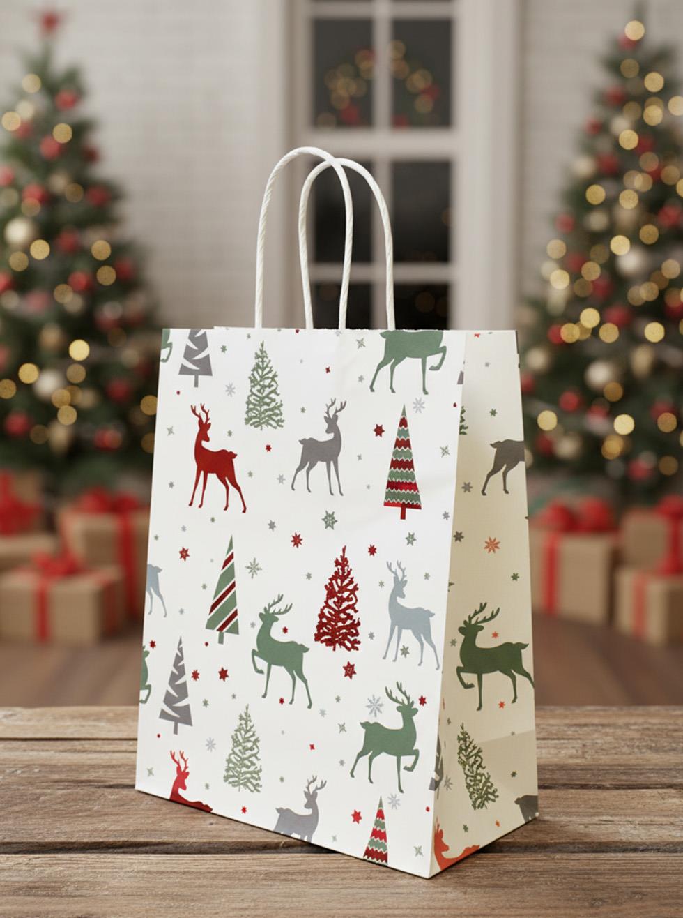 Yılbaşı Temalı Desenli Karton Çanta Hediye Çanta Seti Beyaz – 12 Parça 22x27x11 cm