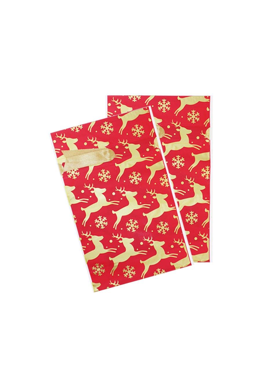 Yılbaşı Hediye Ambalajı Geyik Desenli Plastik Hediye Paketleme Torbası Kırmızı 12x17 cm 50'li