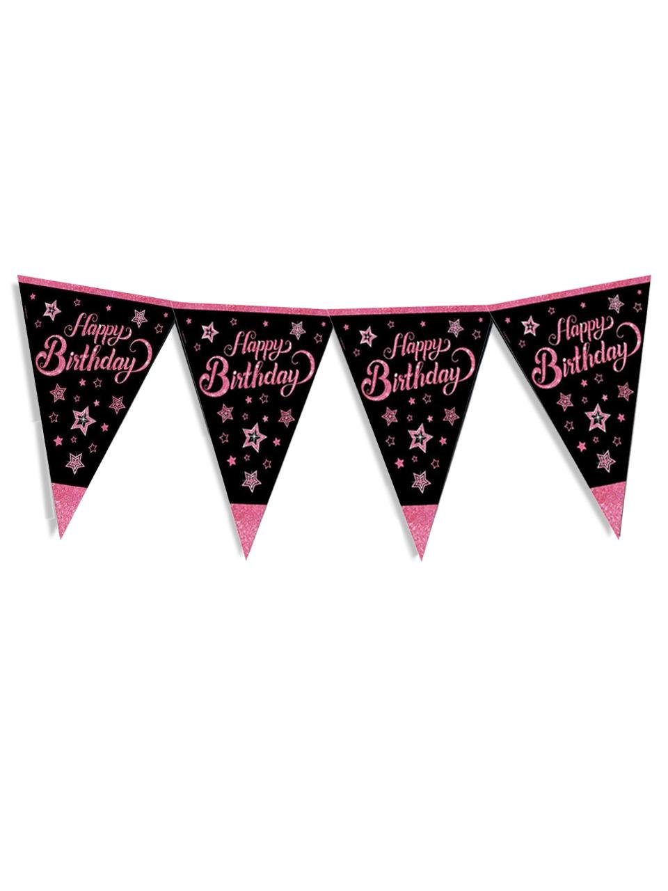 Pink Stars Happy Birthday Yazılı Flama Bayrak Asılabilir Doğum Günü Süsü