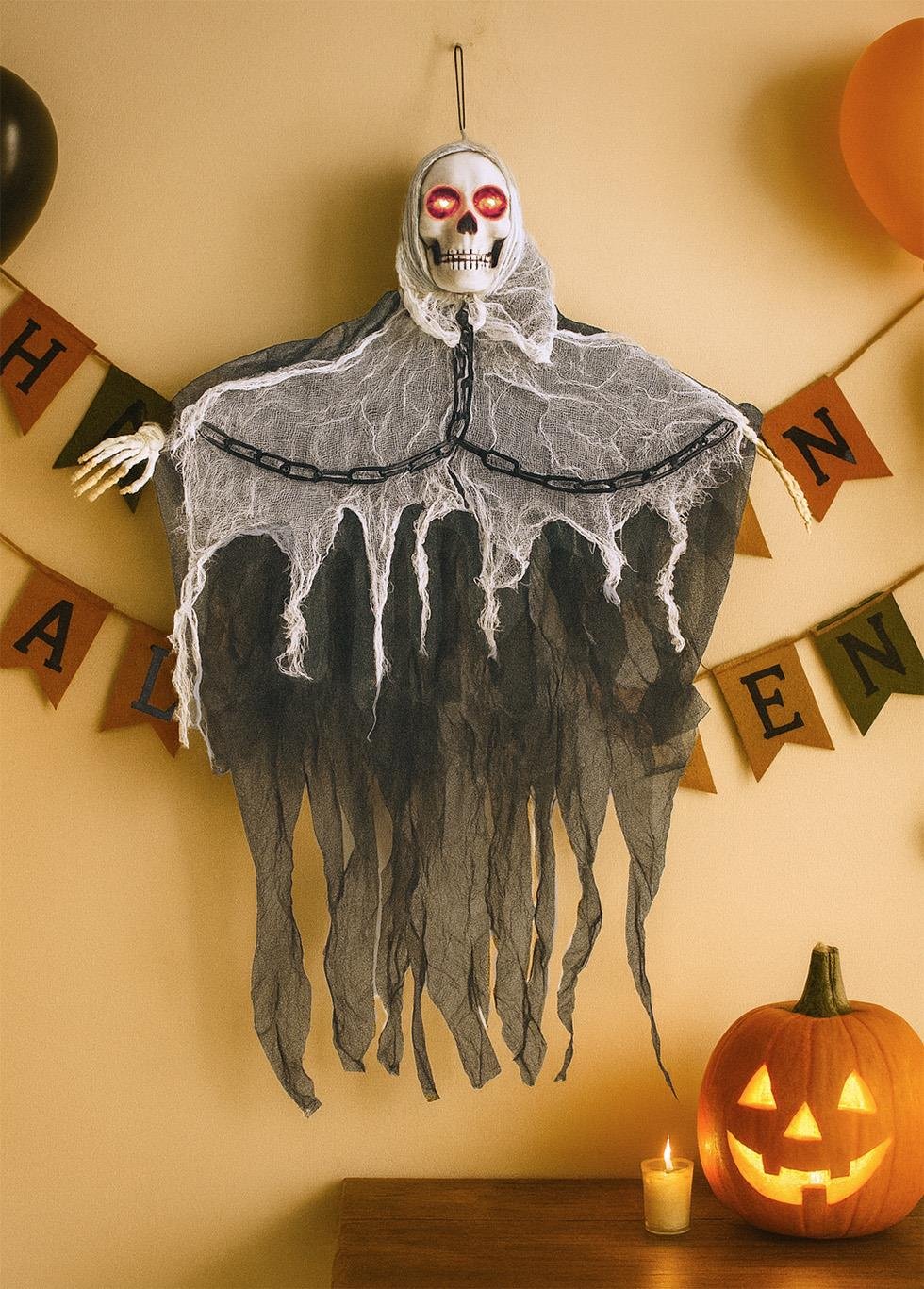 Cadılar Bayramı Işıklı Kuru Kafa Hayalet Asılabilir Halloween Parti Dekoru 90 cm