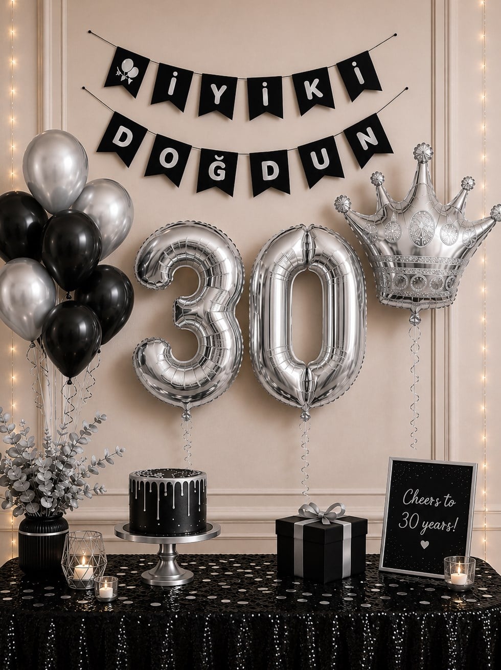 30 Yaş Balon Seti Doğum Günü Parti Seti Siyah Gümüş - Parti Seti | Parti Adresi