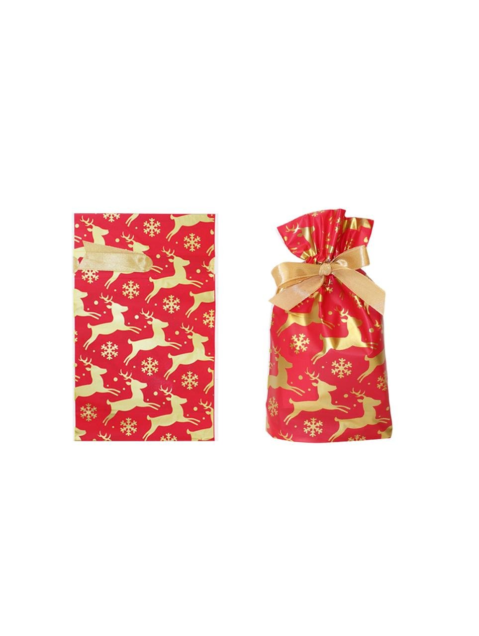 Yılbaşı Hediye Ambalajı Geyik Desenli Plastik Hediye Paketleme Torbası Kırmızı 12x17 cm 50'li