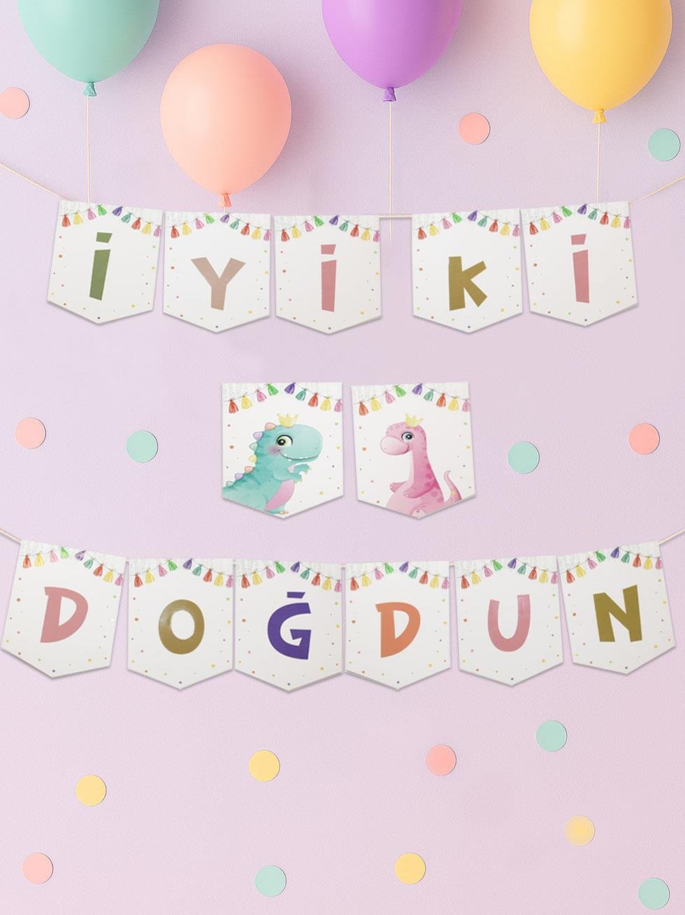 Sevimli Dinozor Temalı İyi Ki Doğdun Yazı Banner Doğum Günü Parti Süsü