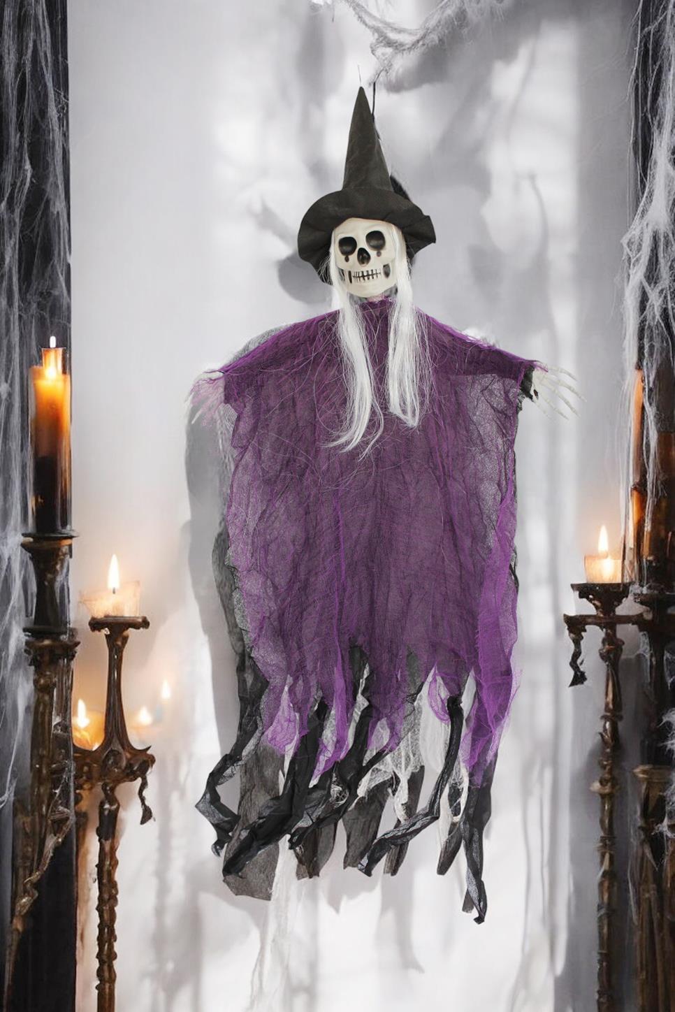 Cadılar Bayramı Şapkalı İskelet Asılabilir Halloween Parti Dekoru Mor