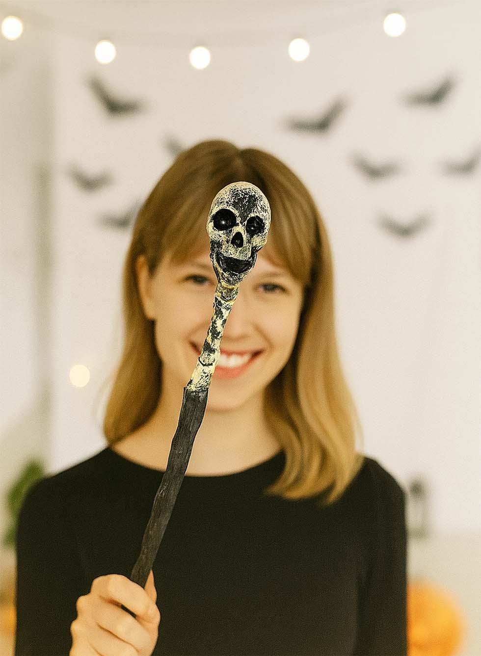Cadılar Bayramı Kuru Kafa Büyücü Asası Halloween Parti Kostüm Aksesuarı 45 cm