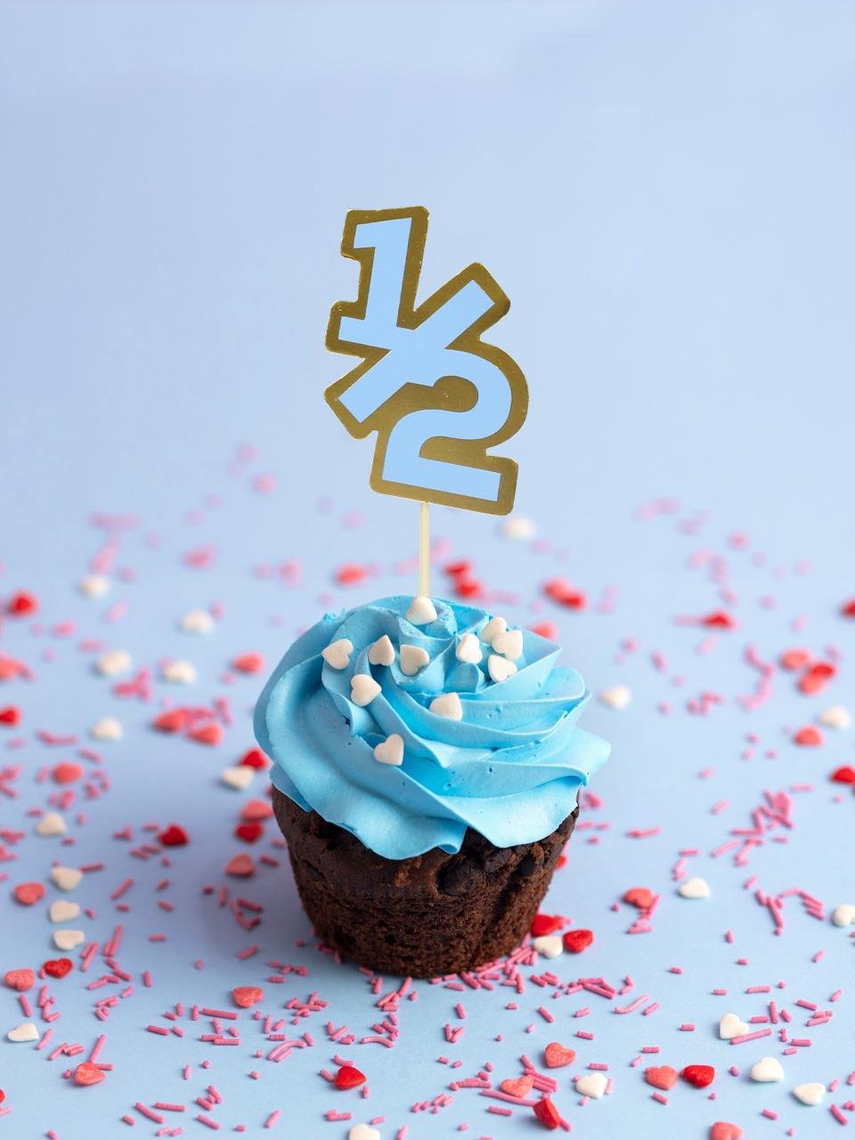 Yarım Yaş Kürdan 1/2 Yazılı Cupcake Kürdanı Pasta Süsü Mavi 10'lu