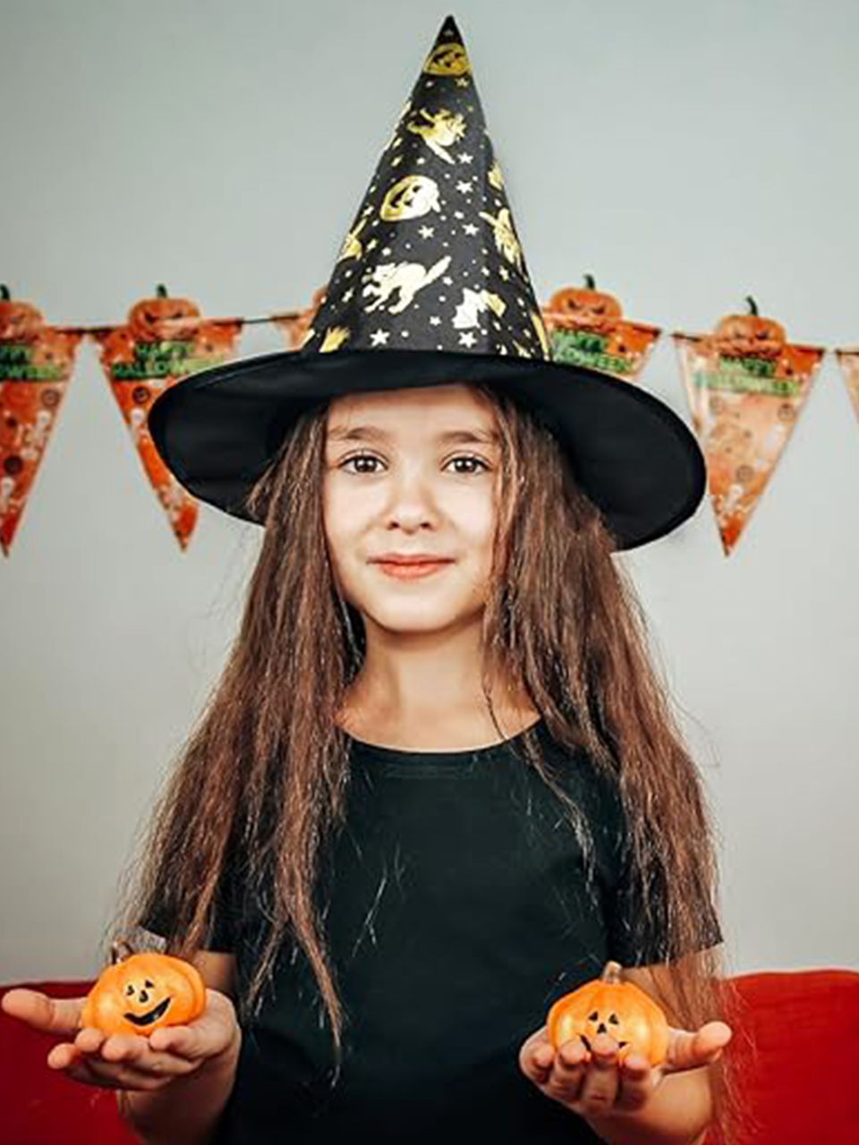 Cadılar Bayramı Desenli Cadı Şapkası Halloween Parti Kostüm Aksesuarı Siyah