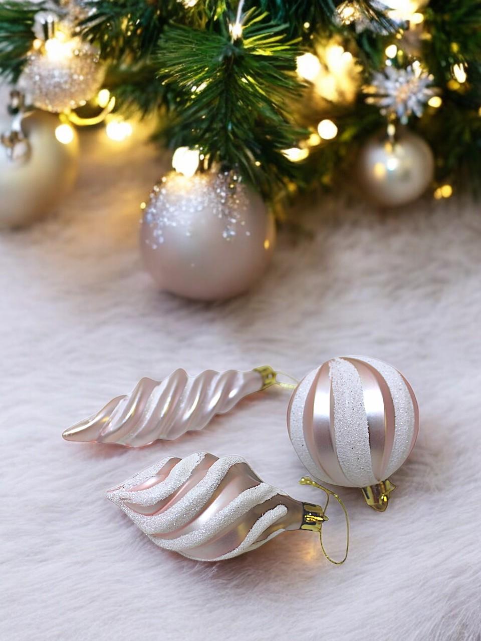 Yılbaşı Ağaç Süsleri Burgulu Karışık Paket Asılabilir Dekoratif Süs 6 cm 3'lü Soft Pembe