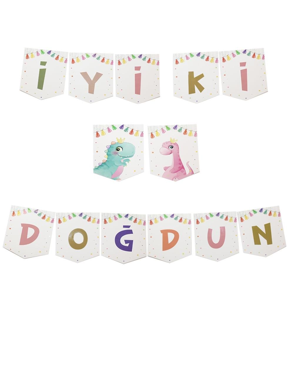 Sevimli Dinozor Temalı İyi Ki Doğdun Yazı Banner Doğum Günü Parti Süsü