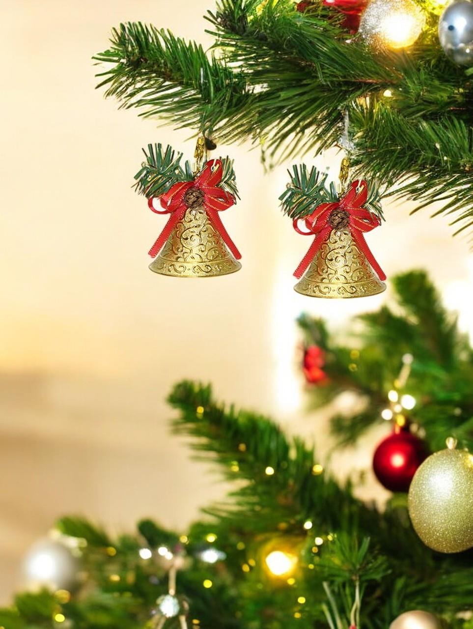 Yılbaşı Ağacı Süsleri Altın Çan Figürlü Kurdeleli Yeni Yıl Ağaç Süsü 6'lı
