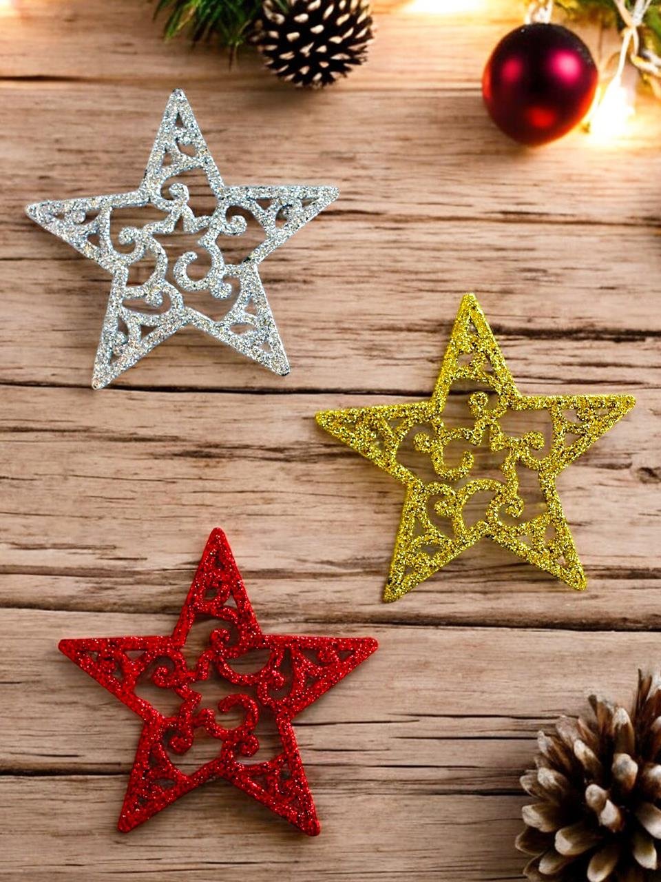 Yılbaşı Ağacı Süsleri Yıldız Şekilli Asılabilir Simli Ağaç Süsü 3'lü 10 cm