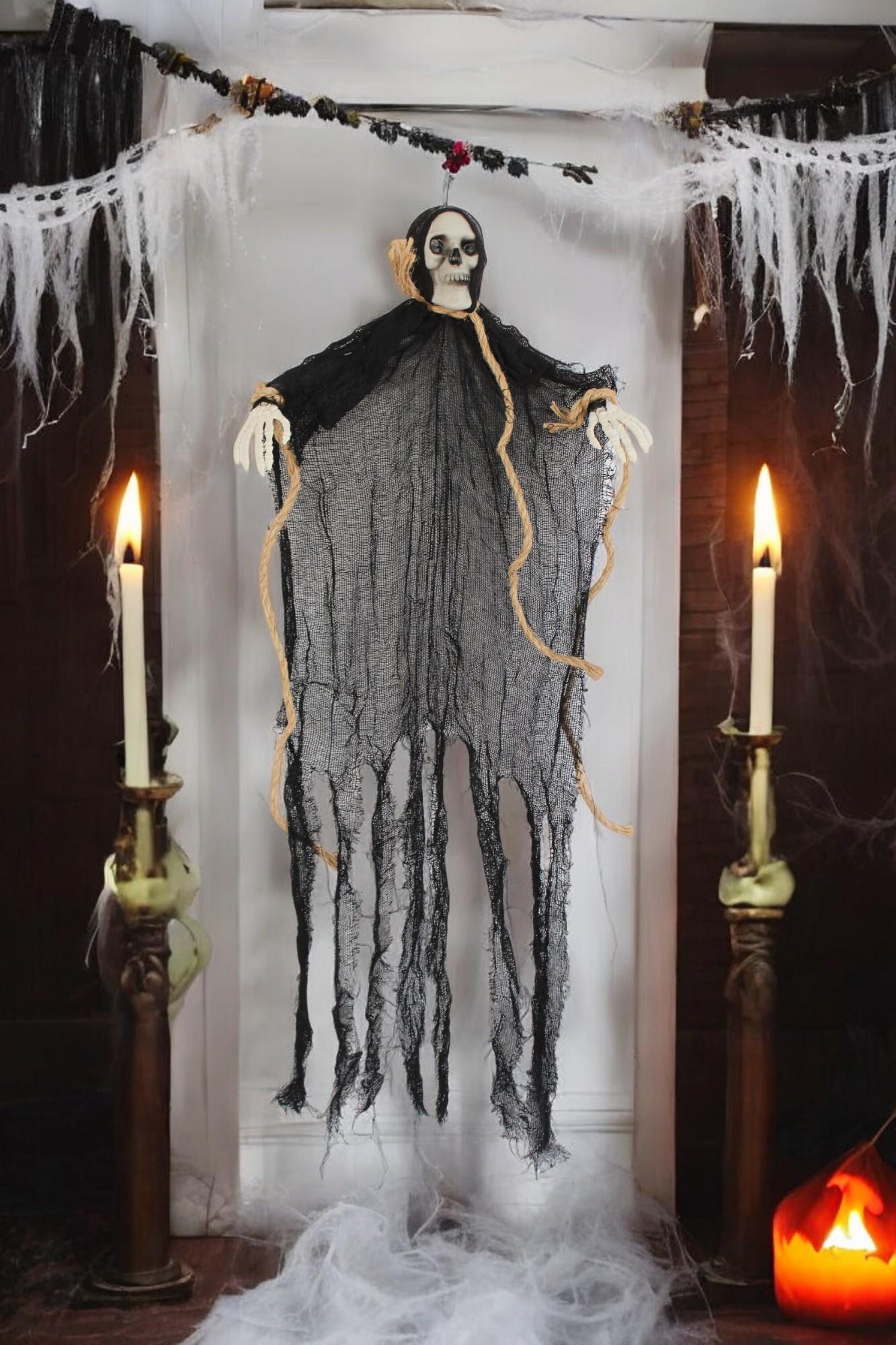 Cadılar Bayramı Kuru Kafa İskelet Figürlü Asılabilir Halloween Parti Dekoru 70 cm Siyah