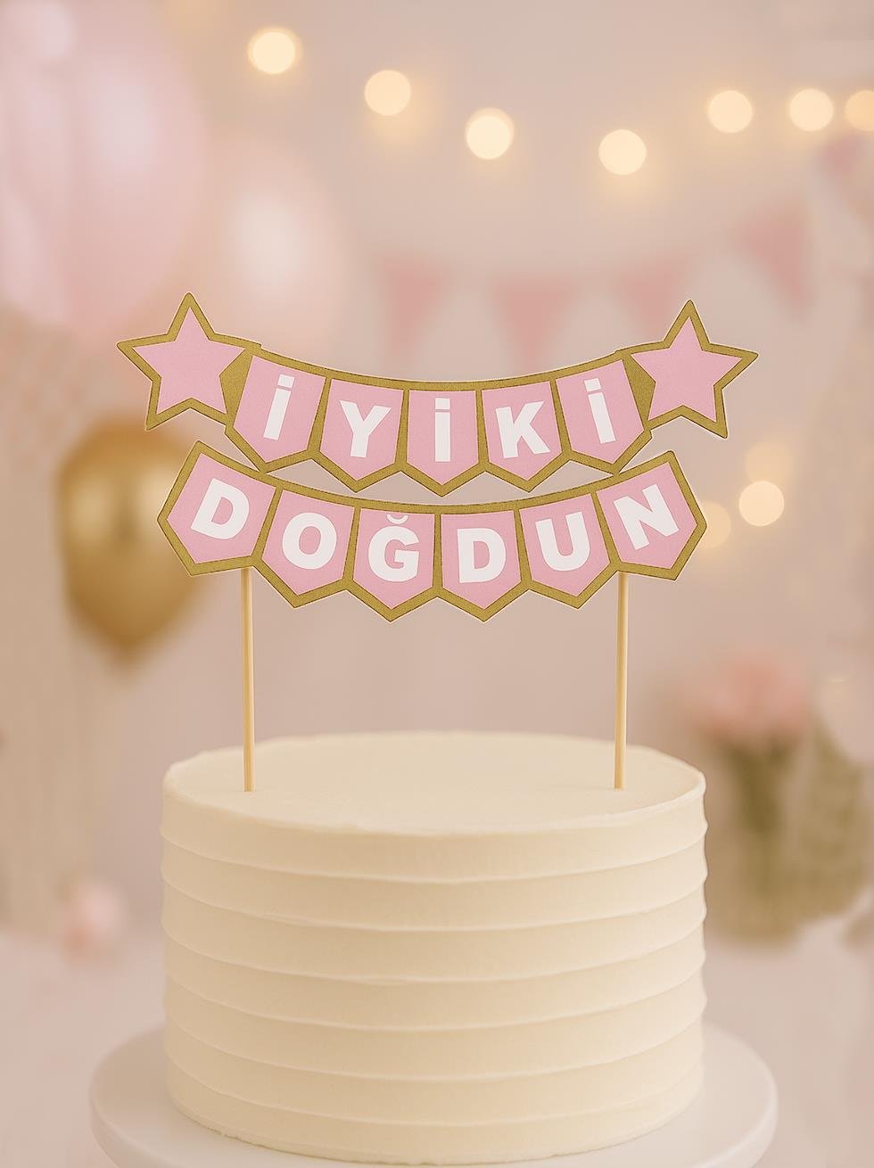 Pasta Üstü Banner İyi Ki Doğdun Yazılı Doğum Günü Pasta Süsü Pembe Gold