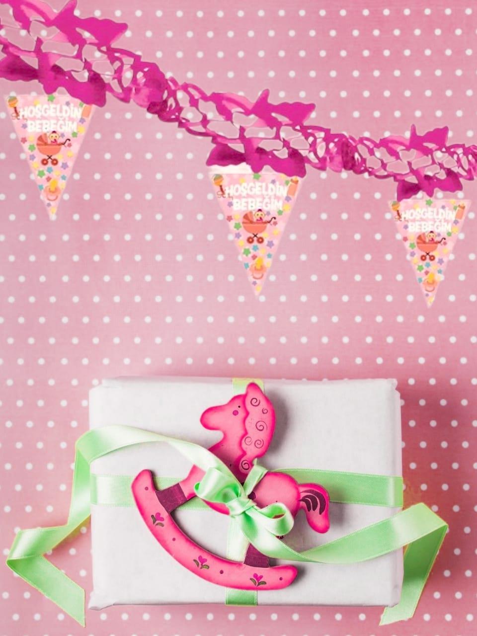 Hoşgeldin Bebeğim Kağıt Zincir Asılabilir Süs Pembe 50'li