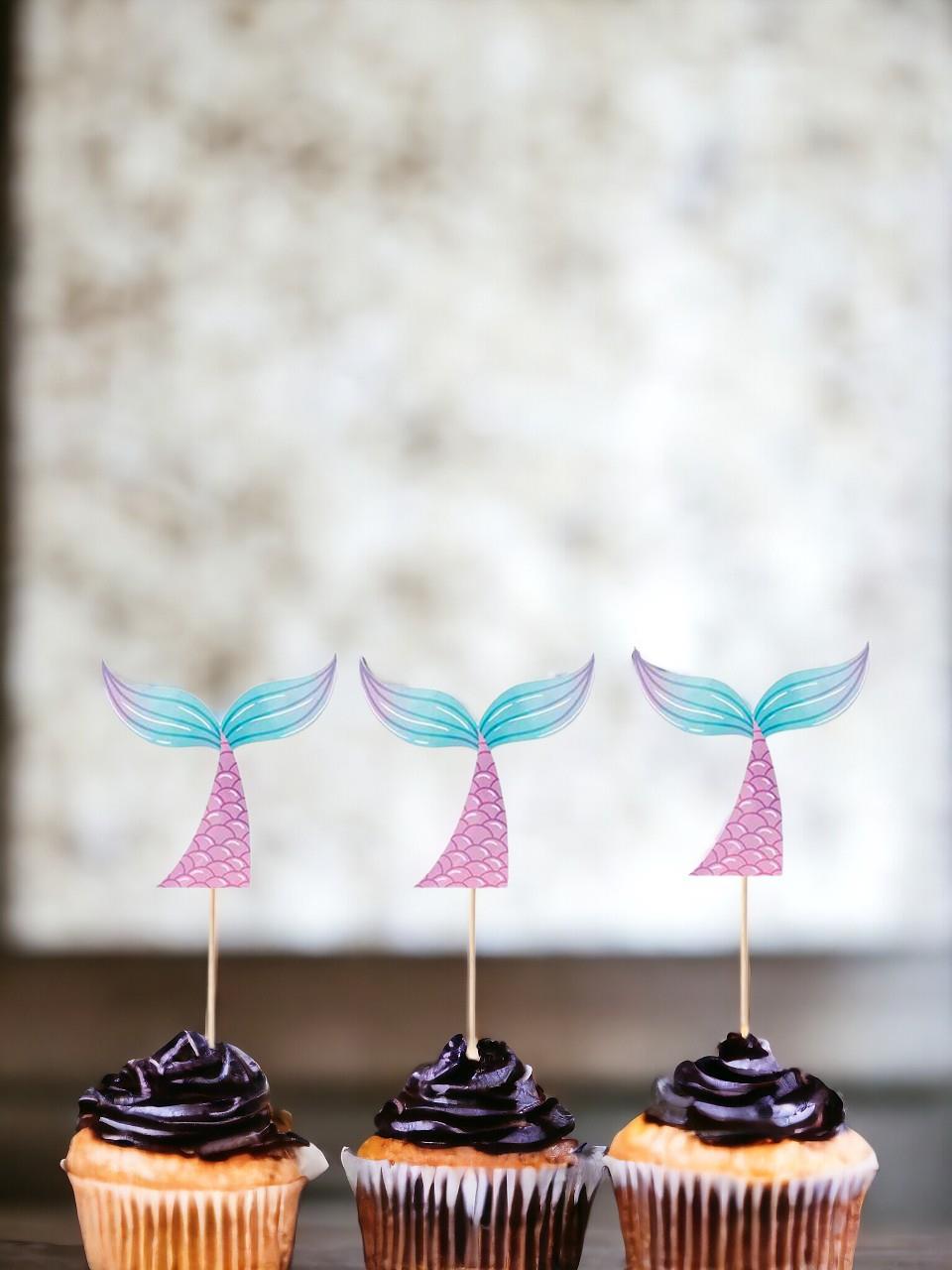 Deniz Kızı Temalı Kürdan Kuyruk Figürlü Cupcake Kürdanı Pasta Süsü 10'lu