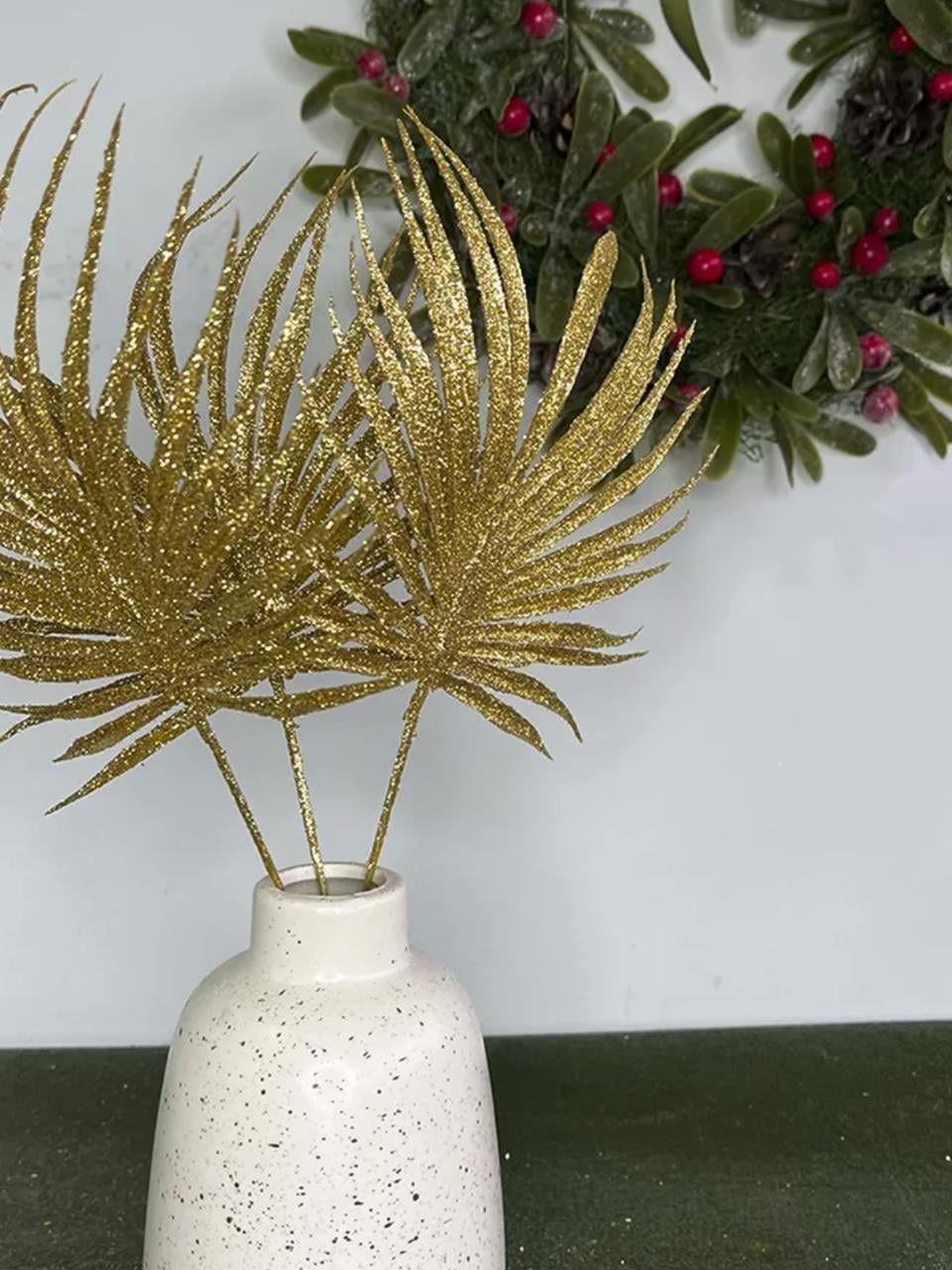 Yılbaşı Dekoru Simli Palmiye Yaprağı Dekoratif Dal Altın 30 cm