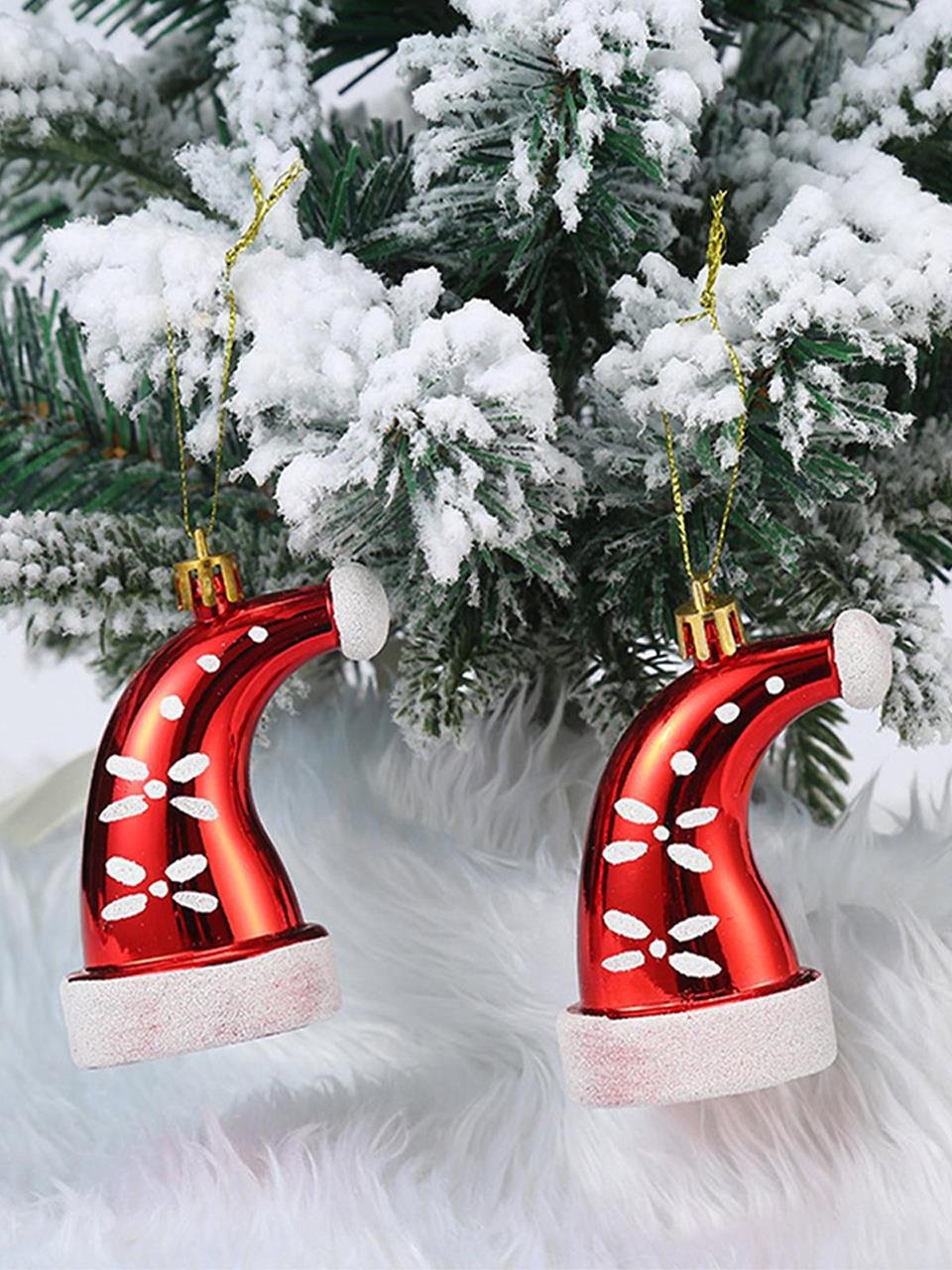 Yılbaşı Ağacı Süsleri Noel Baba Şapka Figürlü Asılabilir Ağaç Süsü 2'li Kırmızı - Beyaz