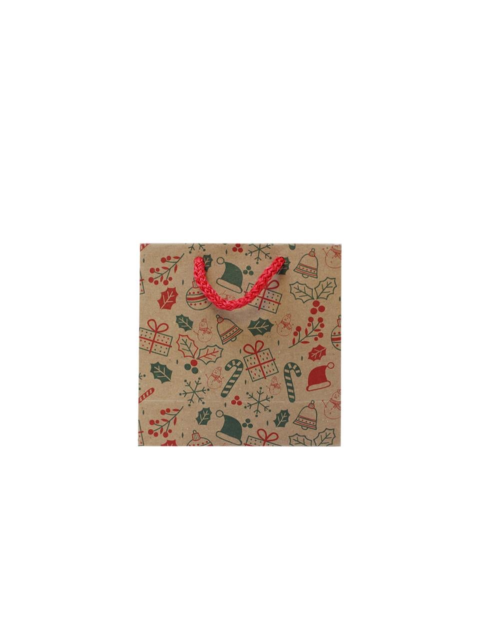 Yılbaşı Hediye Çantası Desenli Kraft Karton Çanta 11X11 cm 25'li