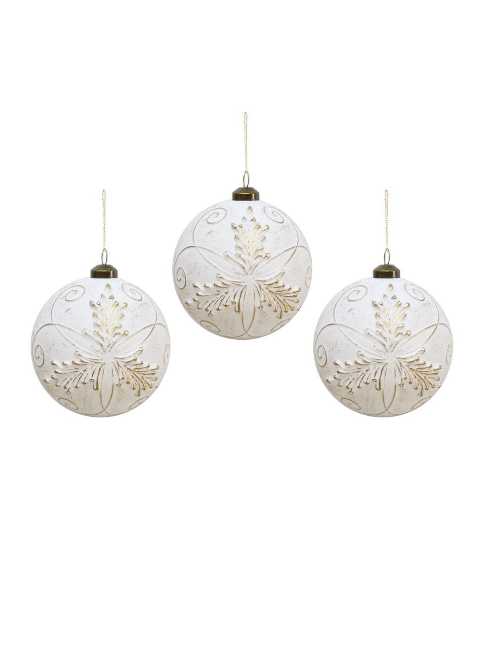 Yılbaşı Topu Retro Altın İşlemeli Çam Ağacı Süsü Beyaz 8 cm – 3'lü Set
