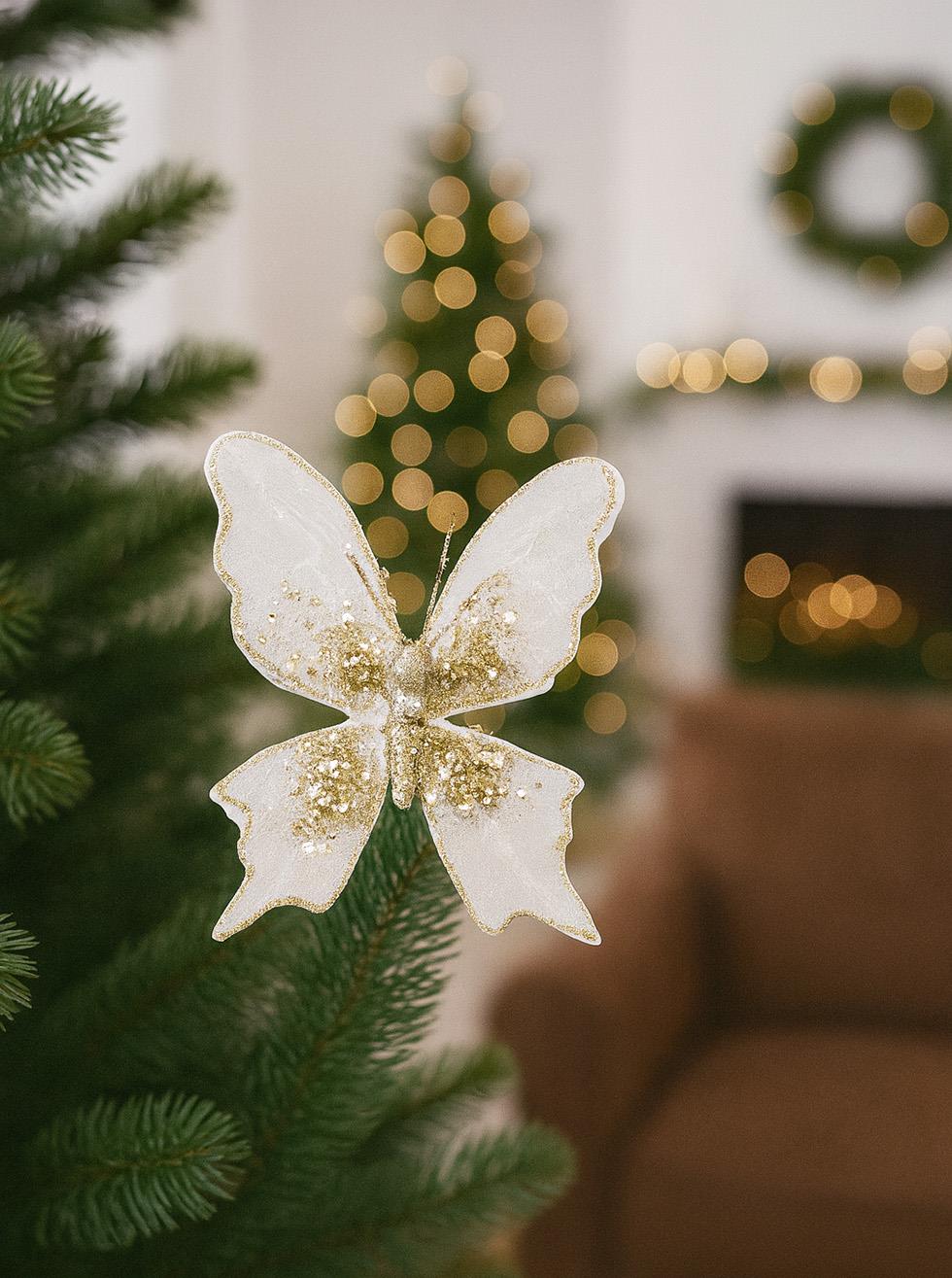 Yılbaşı Ağaç Süsü Dekoratif Altın Simli Pul Detaylı Kelebek 15 cm