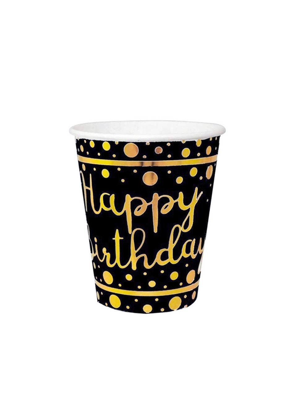 Gold Happy Birthday Varak Baskılı Siyah Bardak