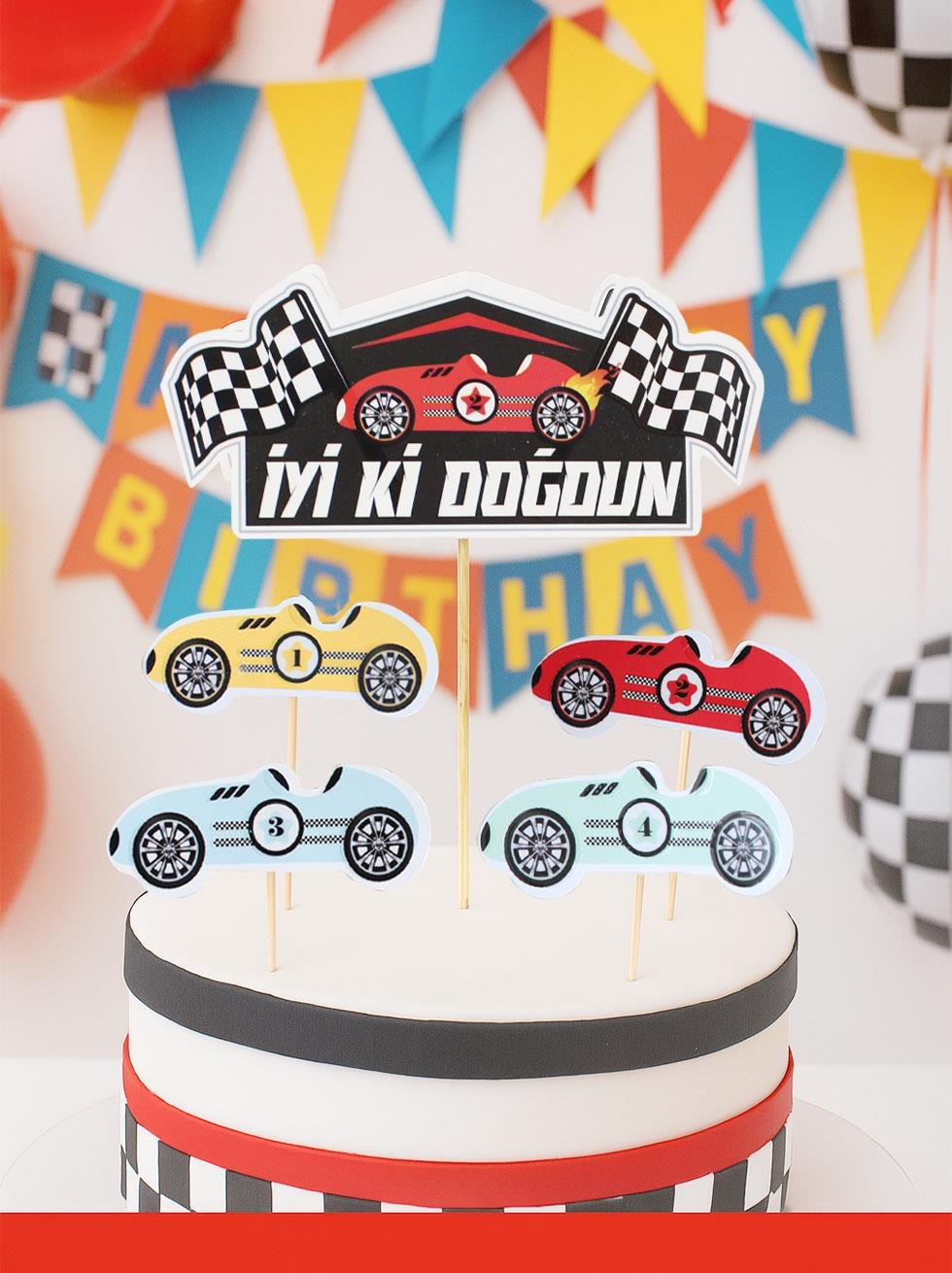 Yarış Arabaları Temalı Kürdan Figürlü Cupcake Kürdanı Pasta Süsü 5'li