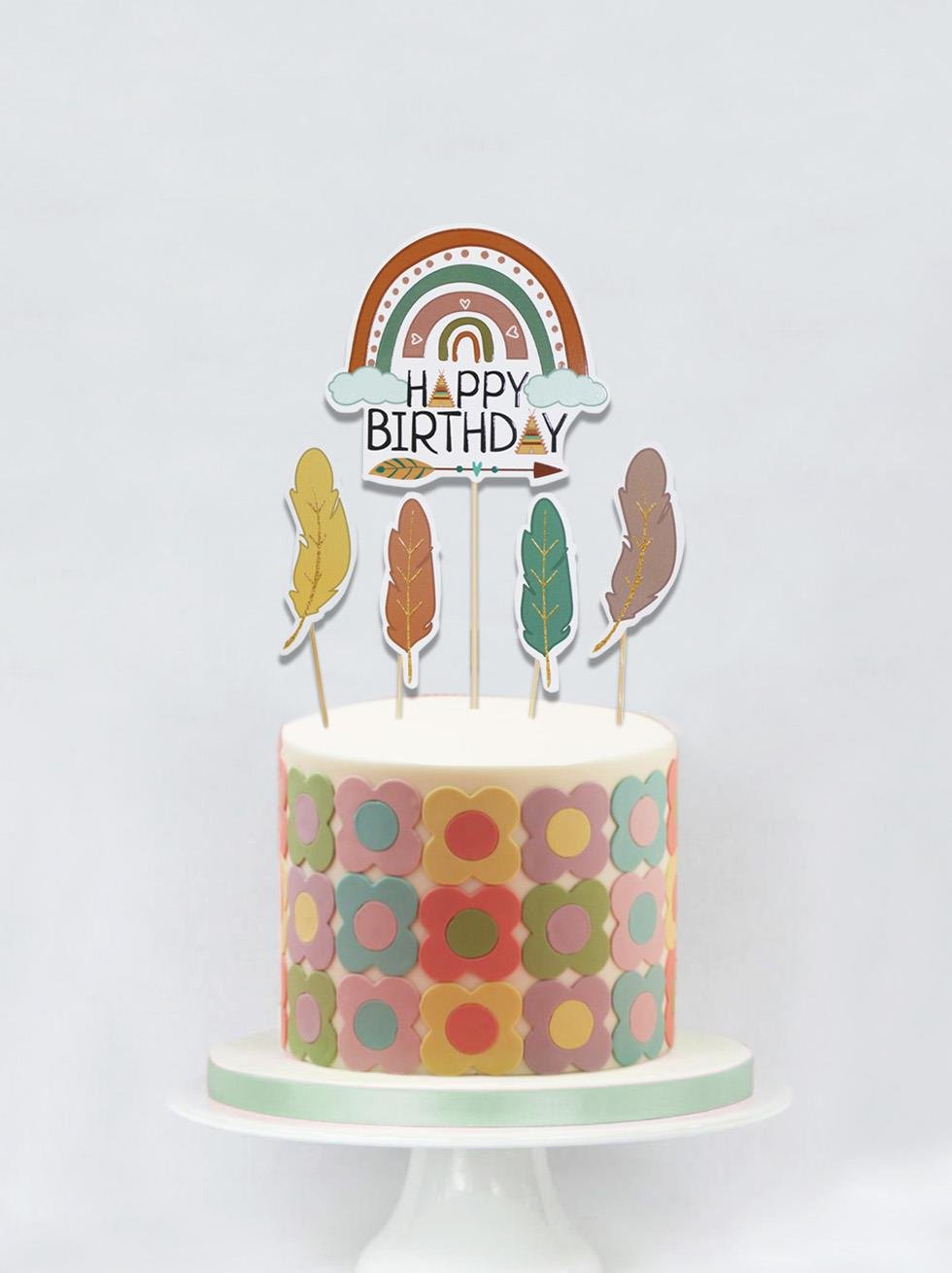 Retro Temalı Kürdan Happy Birthday Pasta Süsü 5'li