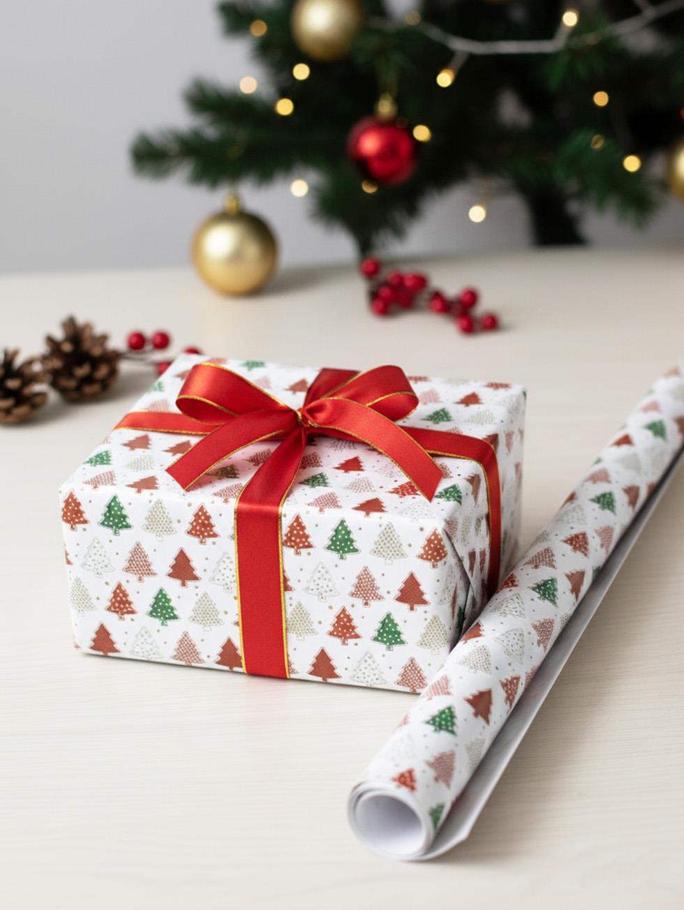 Yılbaşı Hediye Ambalajı Çam Ağacı Desenli Hediye Paketleme Kağıdı 70x100 cm 2'li