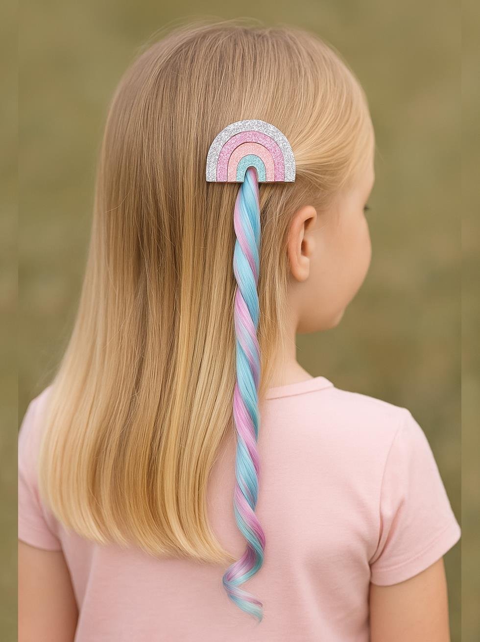 Kız Çocuk Takma Saç Gökkuşağı Figürlü Tokalı Saç Postiş