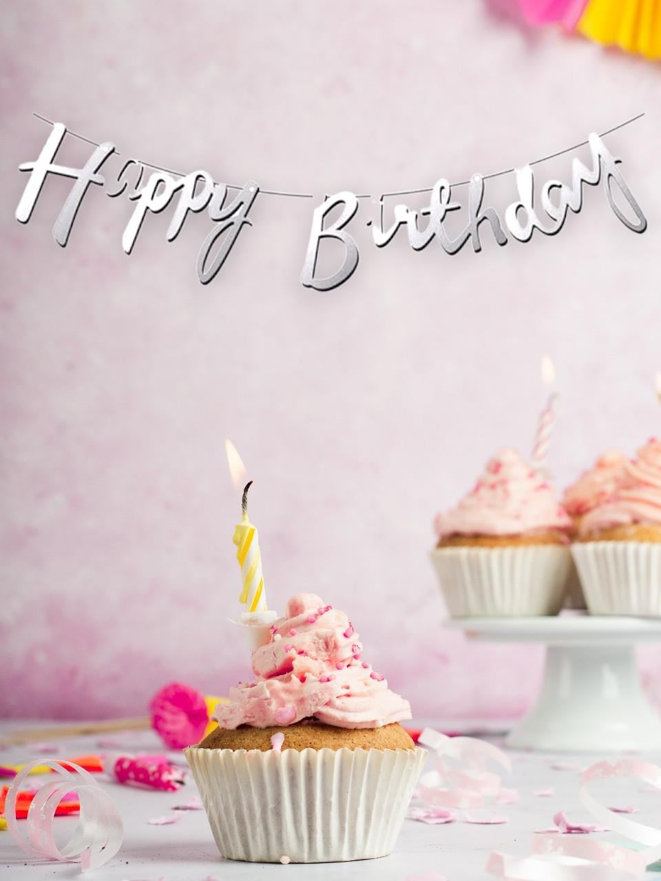 Happy Birthday Kaligrafi Banner Gümüş