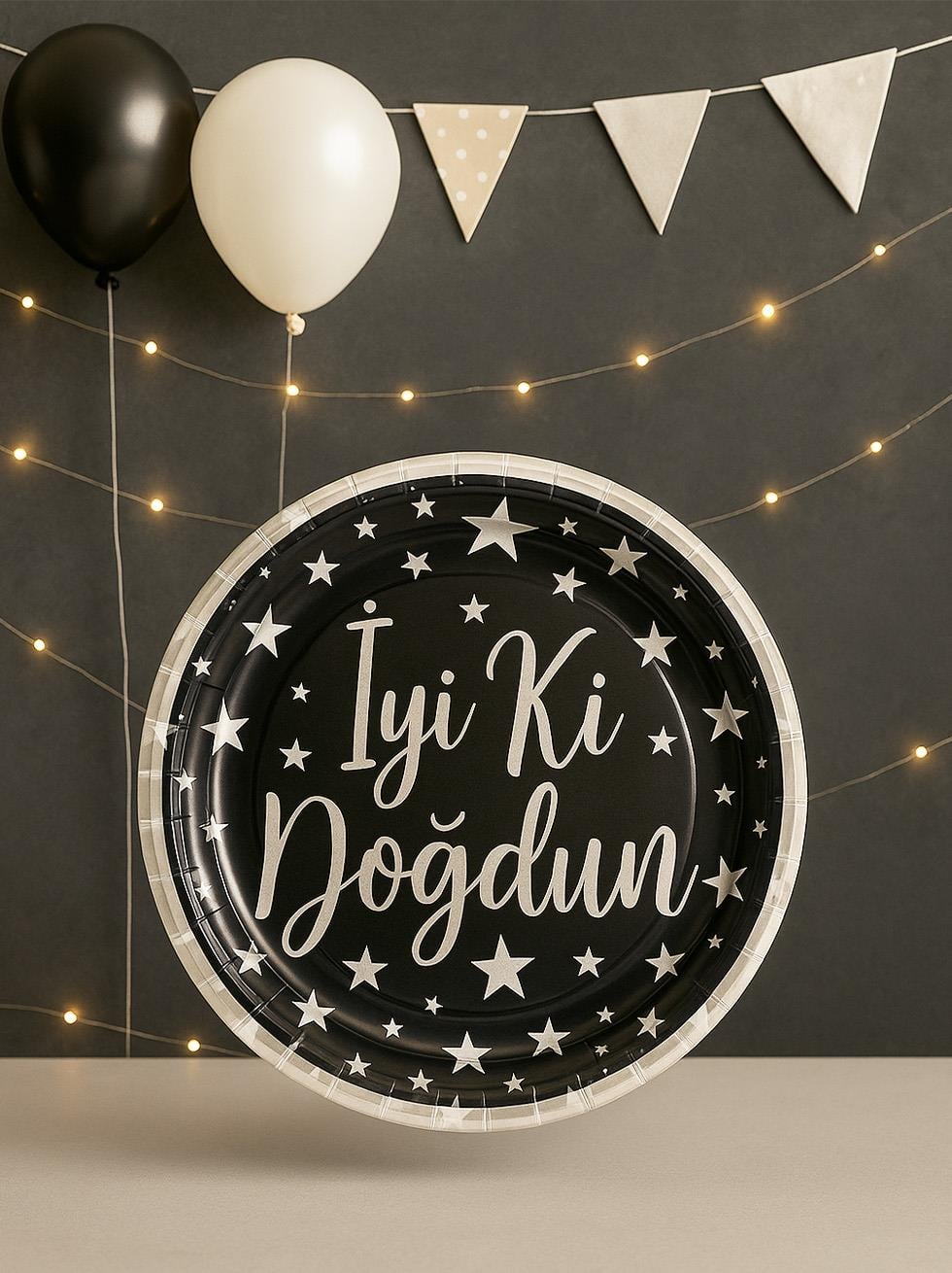 Karton Tabak Doğum Günü Parti Tabağı Gümüş İyi ki Doğdun Yazılı Siyah 8'li