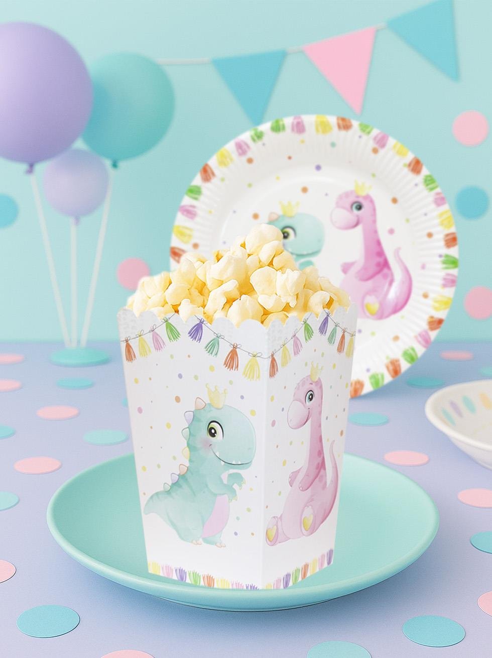 Sevimli Dinozor Temalı Karton Mısır Kutusu Popcorn Kutusu 8'li