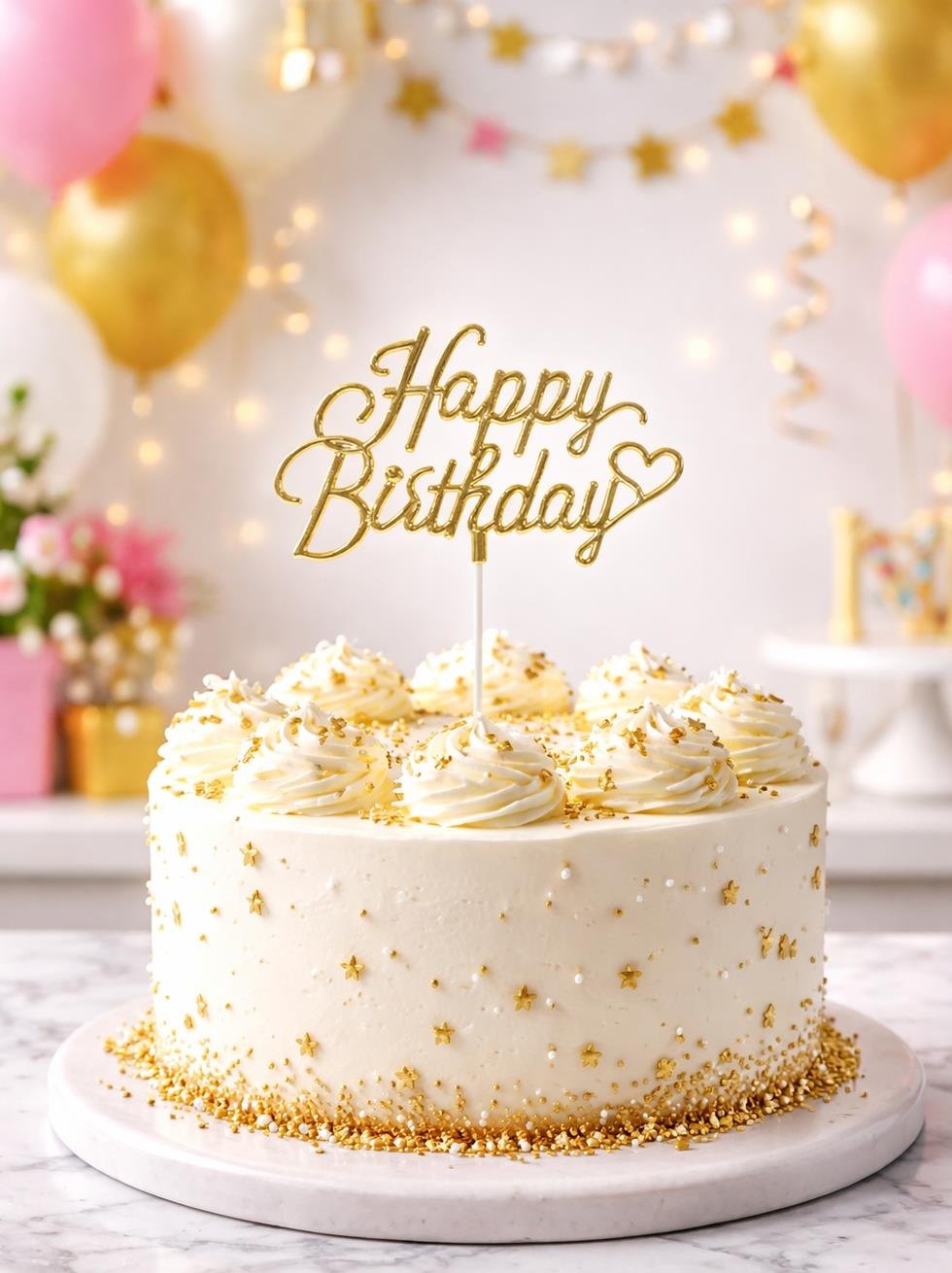 Altın Happy Birthday Kalpli Pasta Süsü – Doğum Günü Pasta Dekoru - Pipet ve Kürdanlar | Parti Adresi