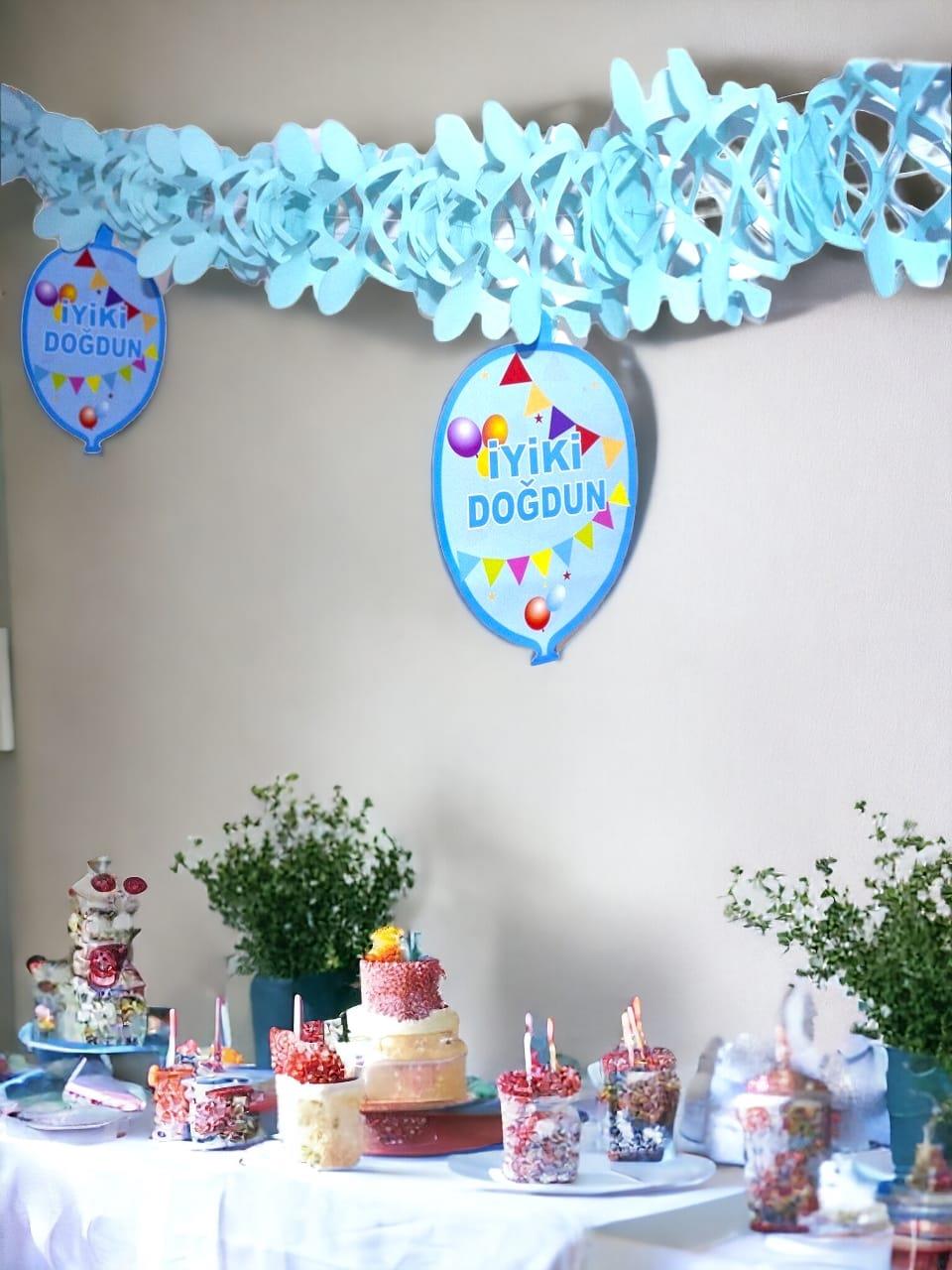 Kağıt Zincir İyi Ki Doğdun Doğum Günü Parti Süsü Mavi 50'li
