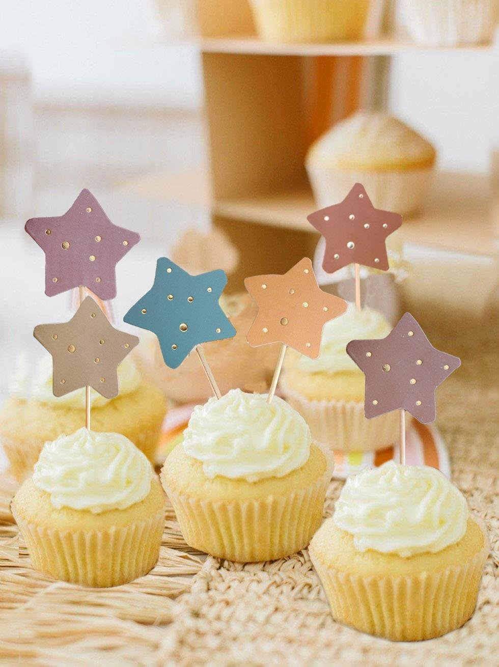 Retro Temalı Kürdan Yıldız Figürlü Pasta Süsü Cupcake Kürdanı 10'lu