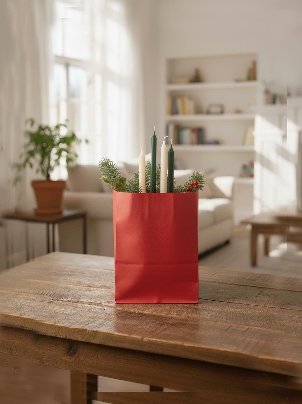 Kese Kağıdı Yılbaşı Hediye Ambalajı Kırmızı 21 cm 50'li