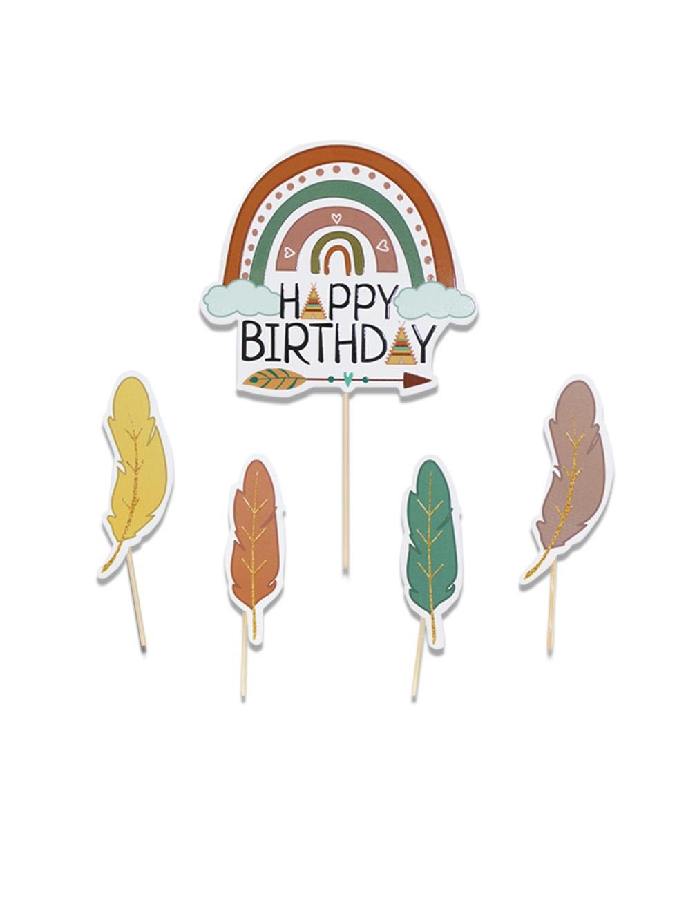 Retro Temalı Kürdan Happy Birthday Pasta Süsü 5'li