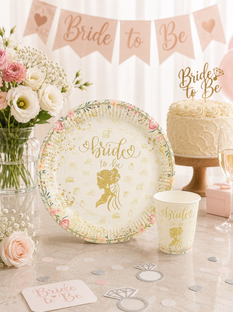 Bride To Be Temalı Karton Tabak ve Bardak Seti – Bekarlığa Veda Parti Seti Beyaz Altın 8'li - Karton Tabaklar | Parti Adresi